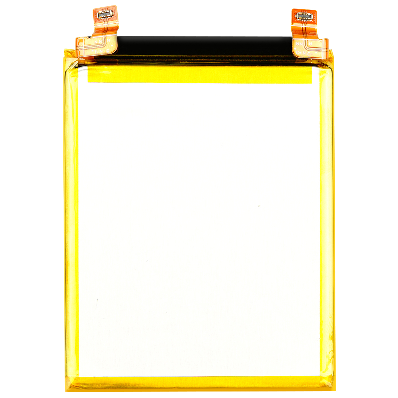 Una batteria rettangolare con bordo giallo e due cavi connettori arancioni in alto.
