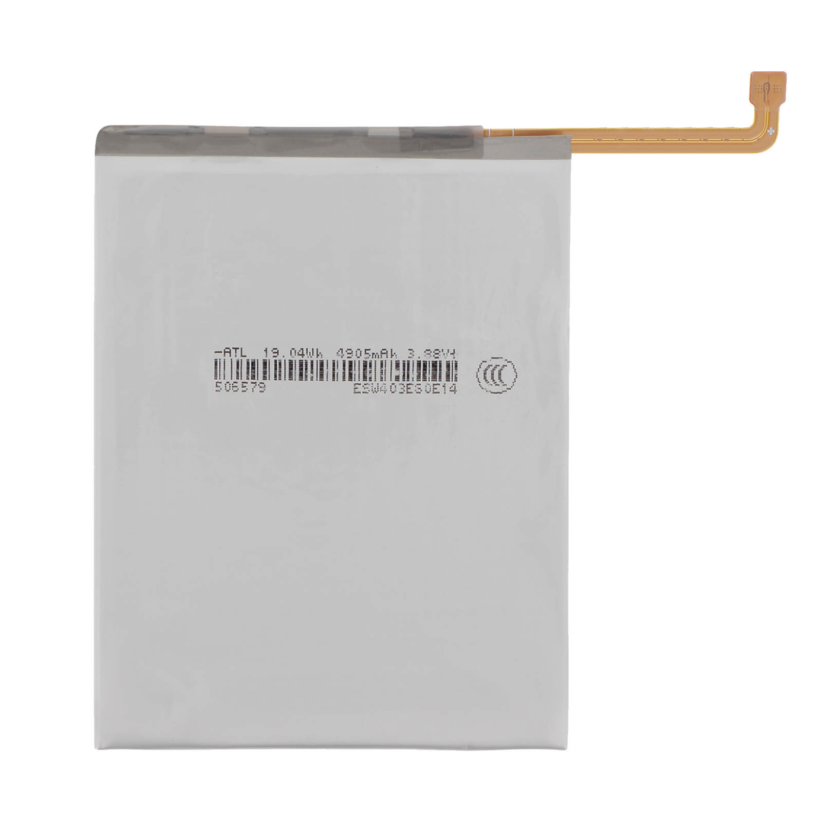 Une batterie plate et rectangulaire avec un câble de connexion flexible, étiquetée avec des détails techniques.