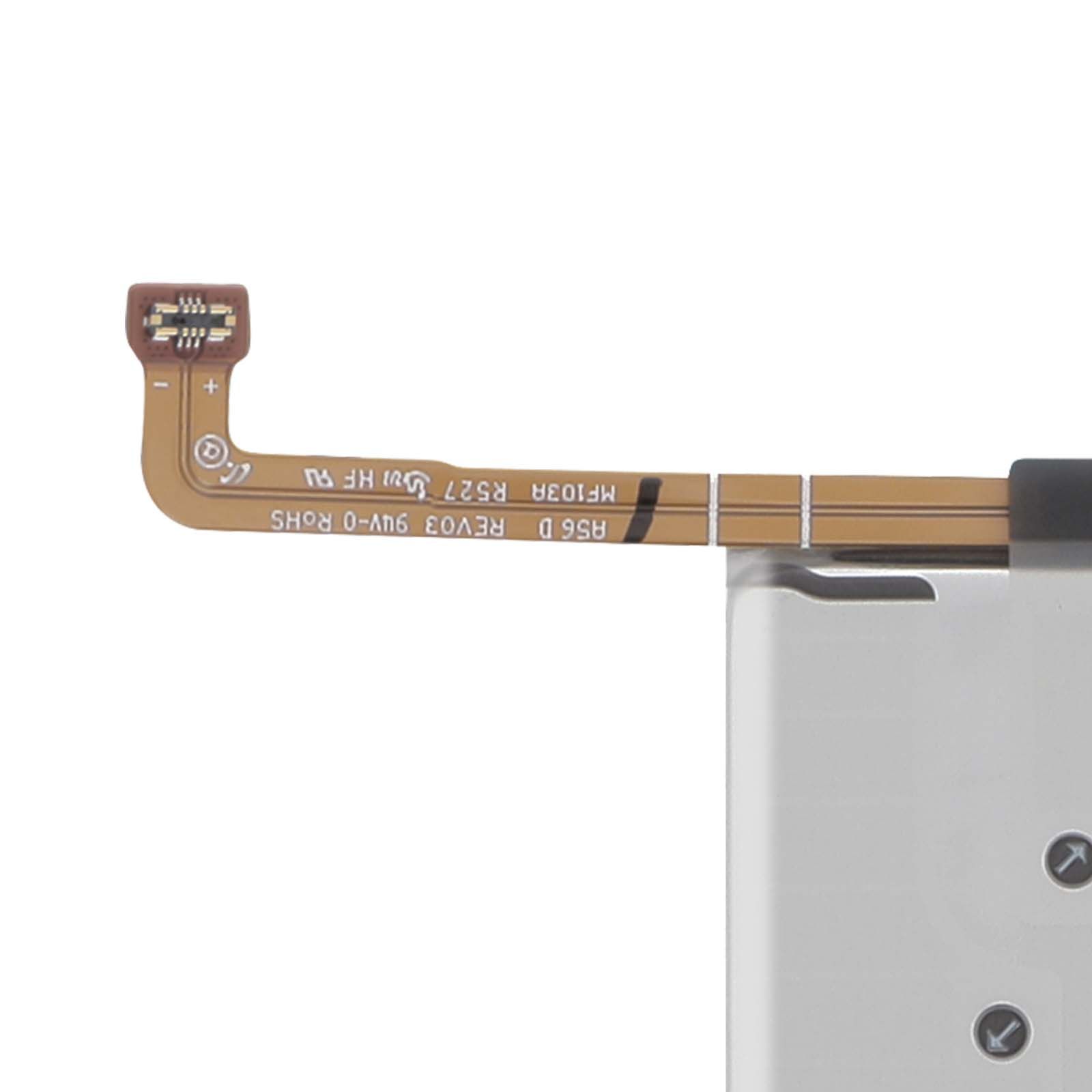 Câble flexible avec points de connexion et étiquettes sur un composant argenté.