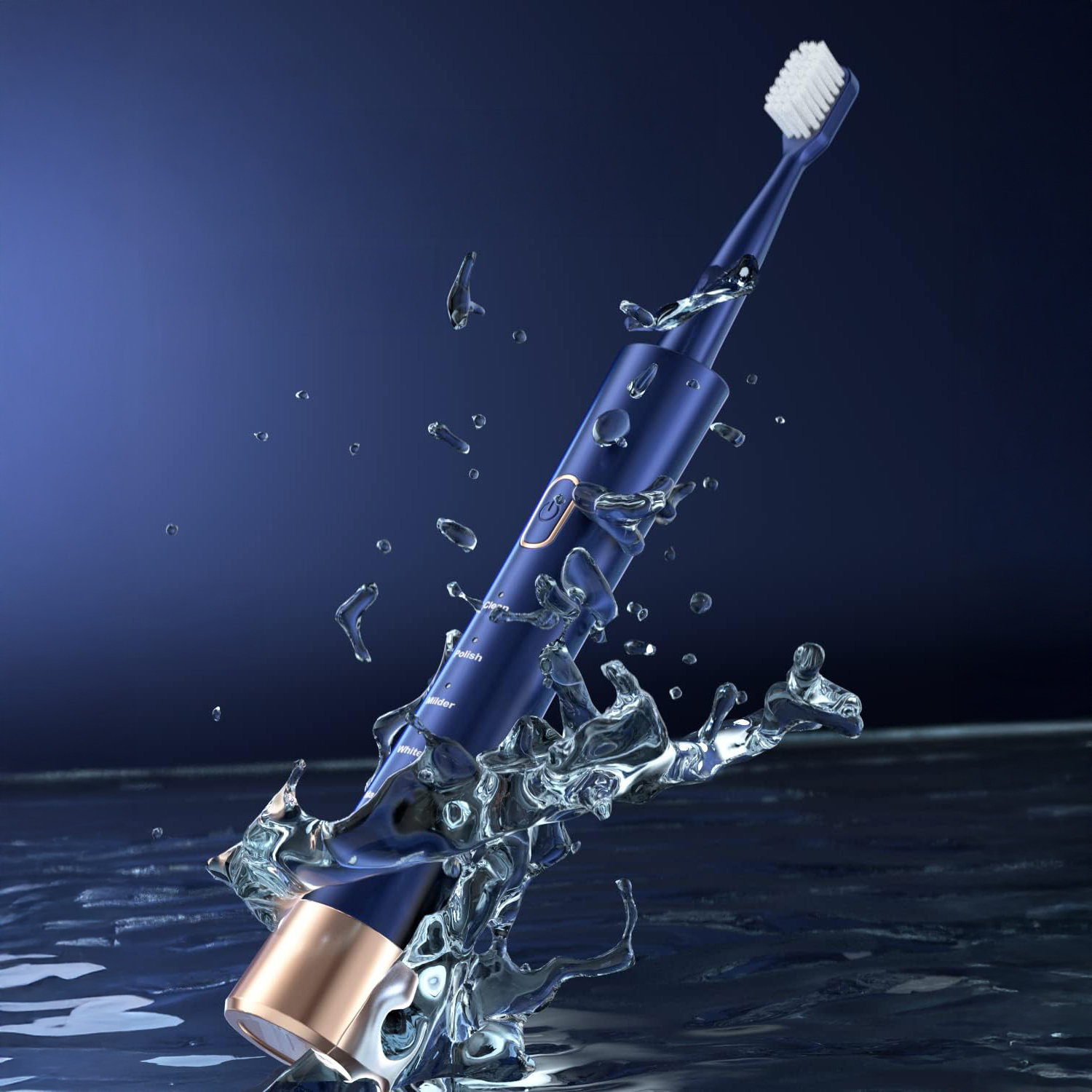 Un cepillo de dientes eléctrico azul salpica agua sobre un fondo azul oscuro.