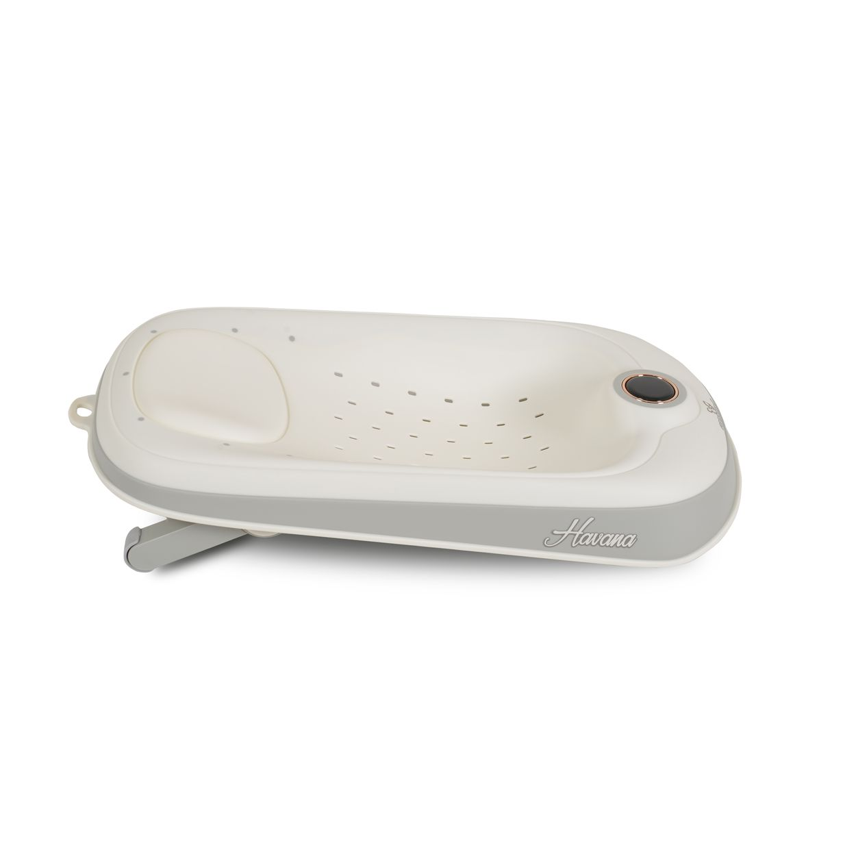 Eine weiße Babybadewanne mit grauen Akzenten und Belüftungslöchern.
