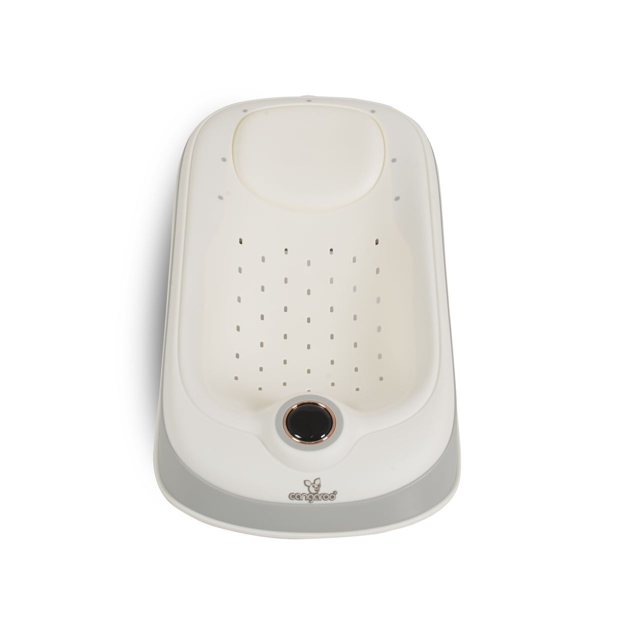 Eine weiße Babybadewanne mit grauem Rand und Drainageloch.