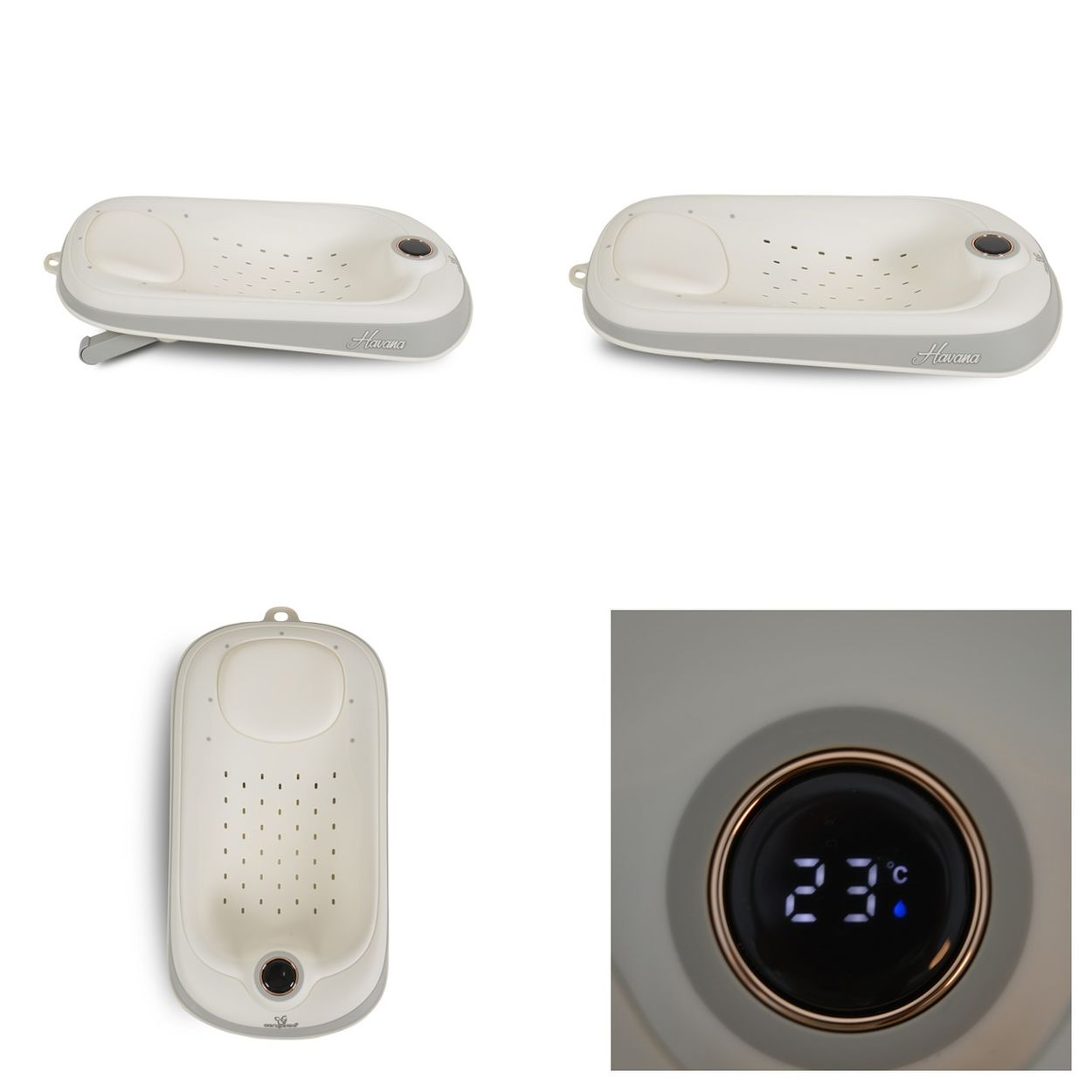 Ein aufklappbarer Babybadewannen-Prototyp in Beige und Grau mit digitaler Temperaturanzeige.