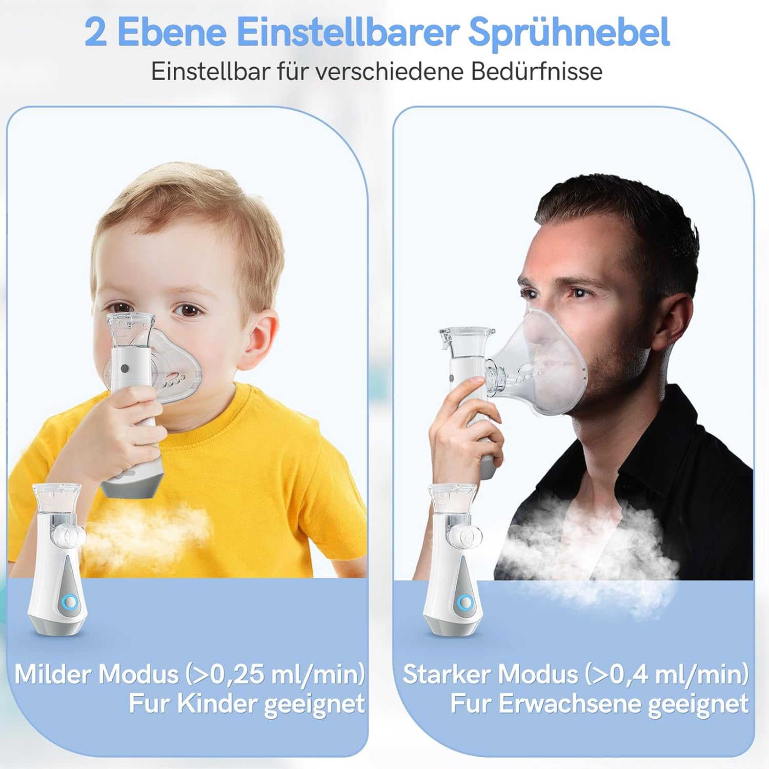 Ein Kind und ein Erwachsener benutzen Vernebler mit zwei Modi: mild für Kinder, stark für Erwachsene.