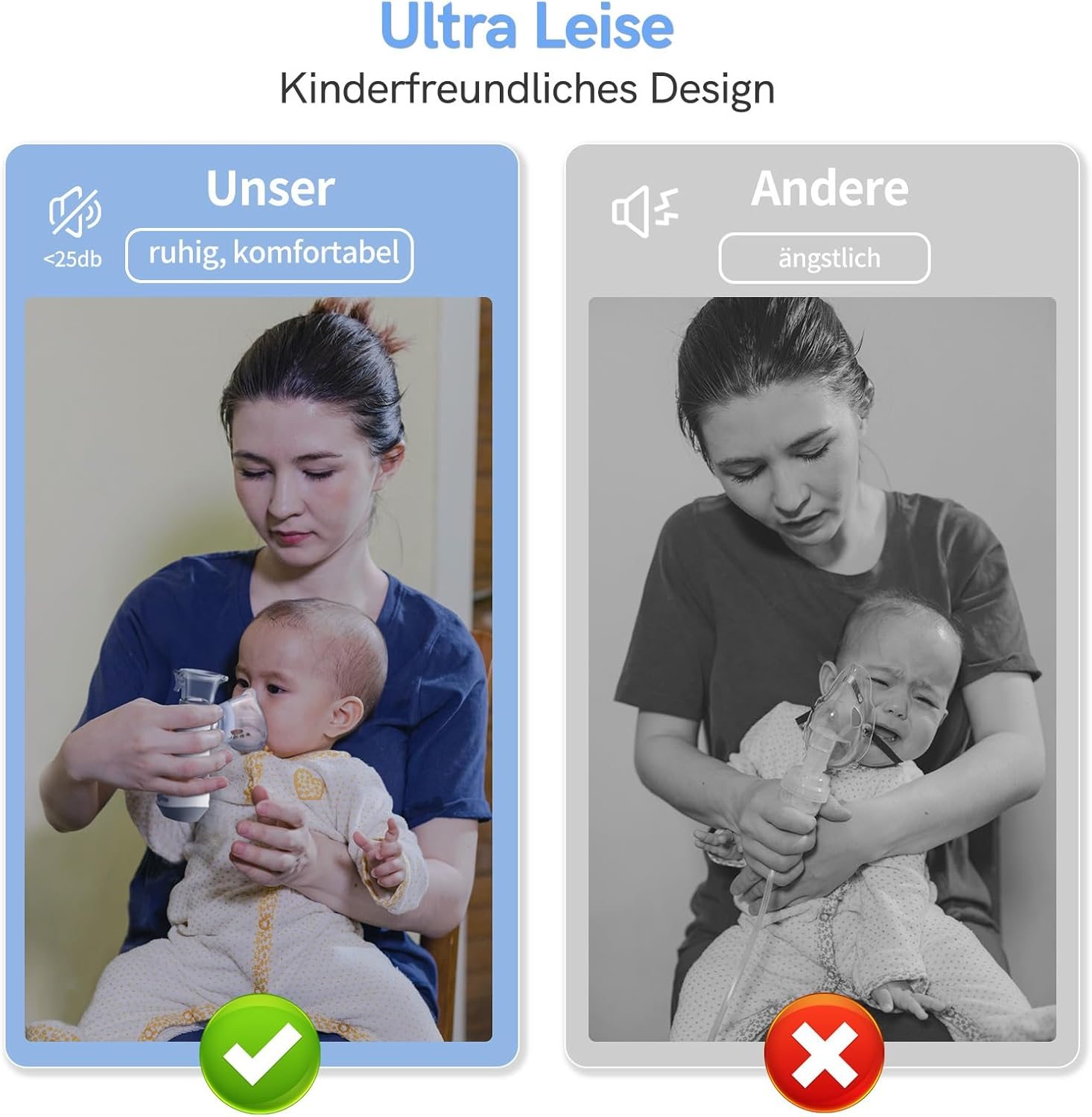 Frau hält Baby mit Vernebler. Links ruhig, rechts ängstlich.