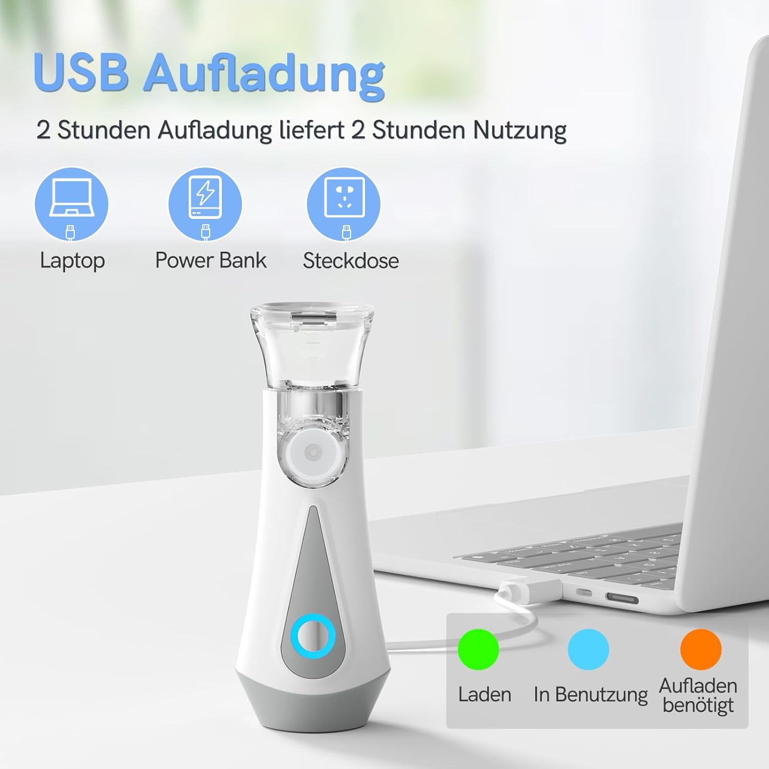 Ein Verdampfer wird per USB an einen Laptop geladen. Anzeige: Laden, In Benutzung, Aufladen benötigt.