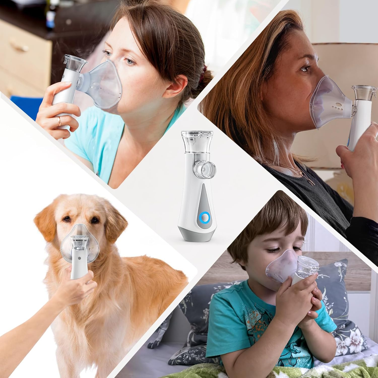 Collage zeigt Menschen und einen Hund, die Vernebler benutzen.