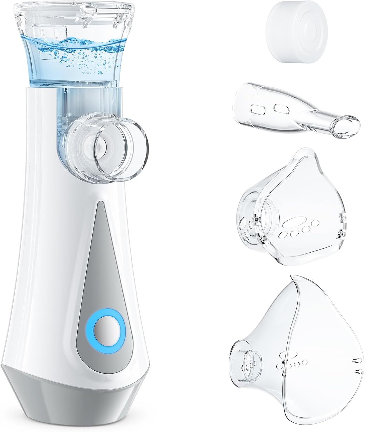 Ein weißer Vernebler mit Wasserbehälter und Zubehörteilen.
