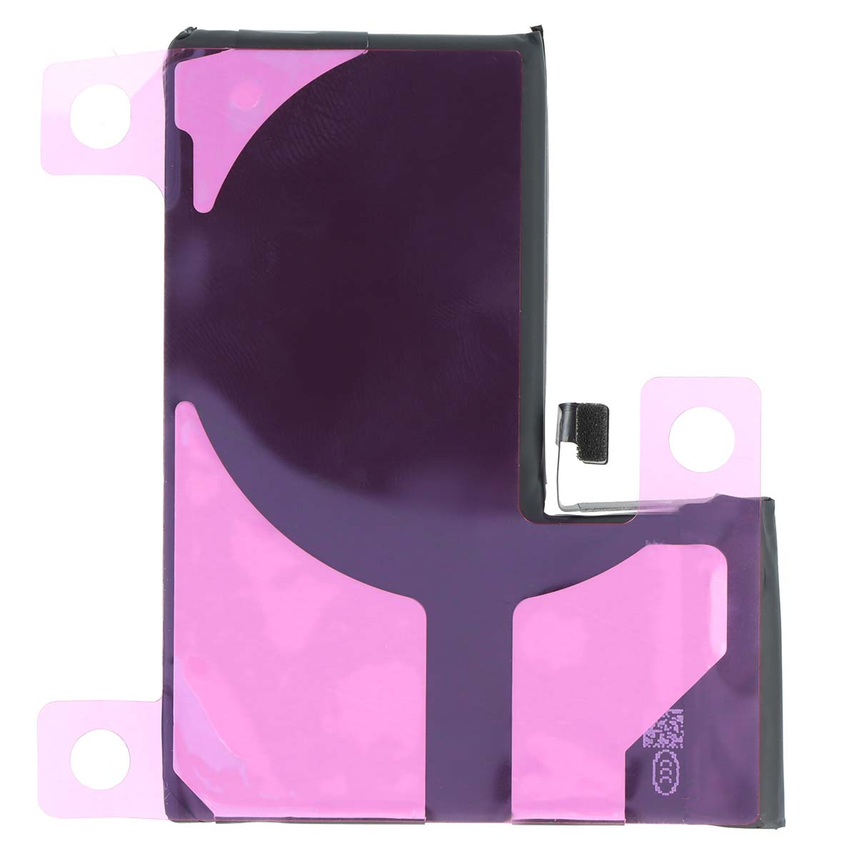 Una batteria rettangolare scura con strisce adesive rosa e un piccolo connettore nero.