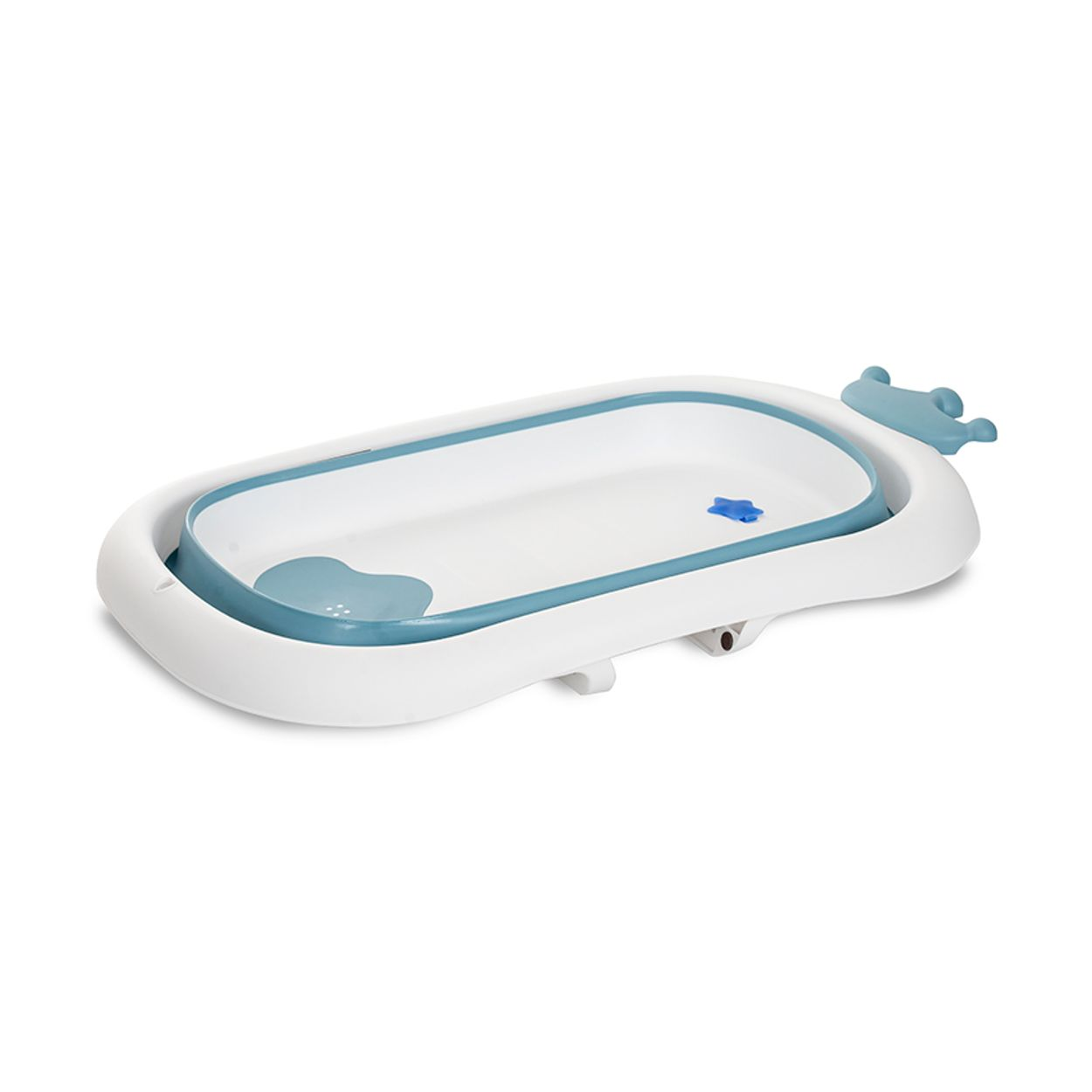 Ein weißer, zusammenklappbarer Baby-Badewannenentwurf mit blauen Akzenten.