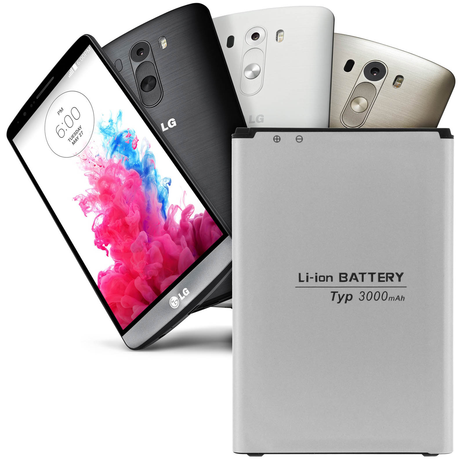 Smartphone LG in nero, bianco e oro con una batteria argentata.