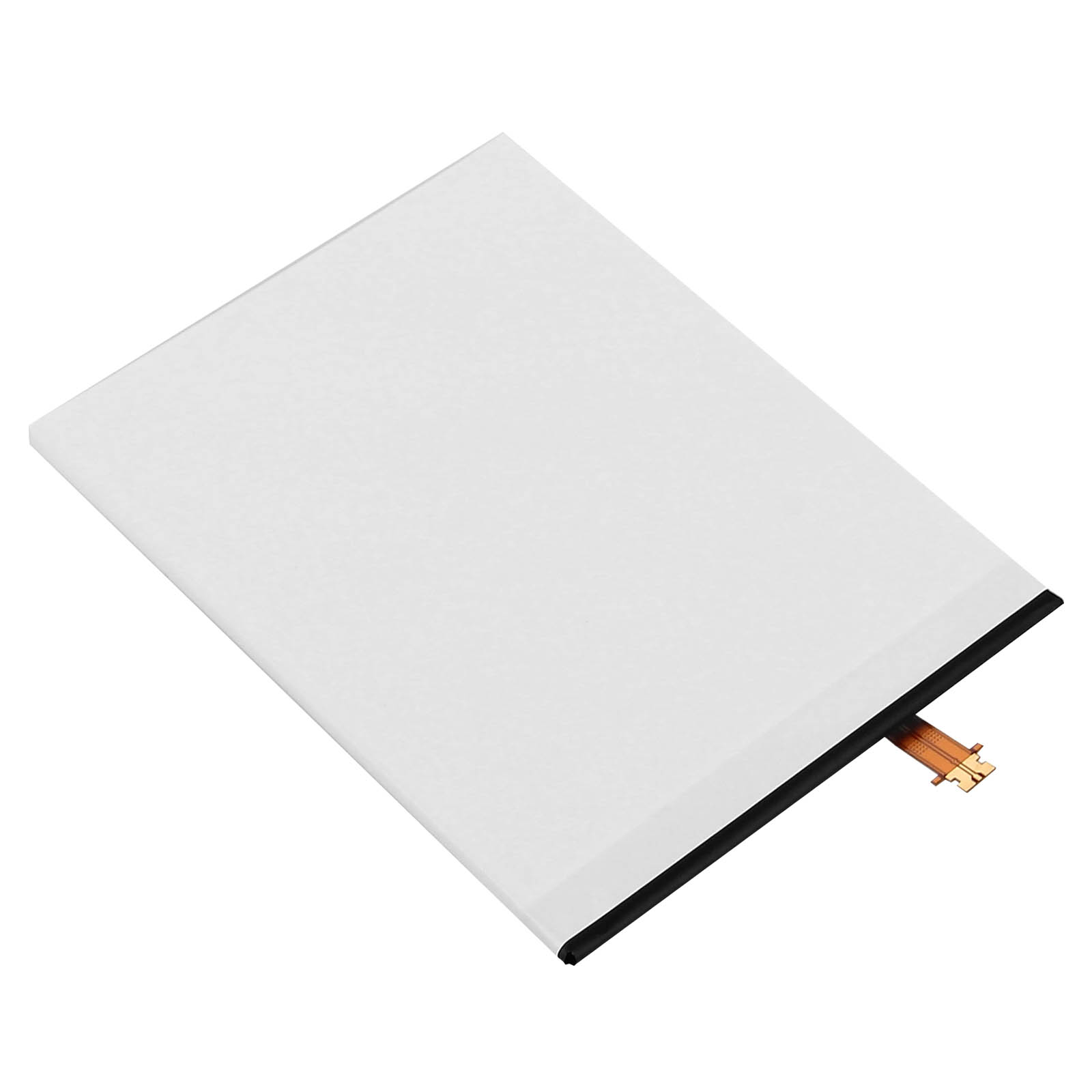 Une batterie rectangulaire blanche avec bordure noire et câble de connexion.