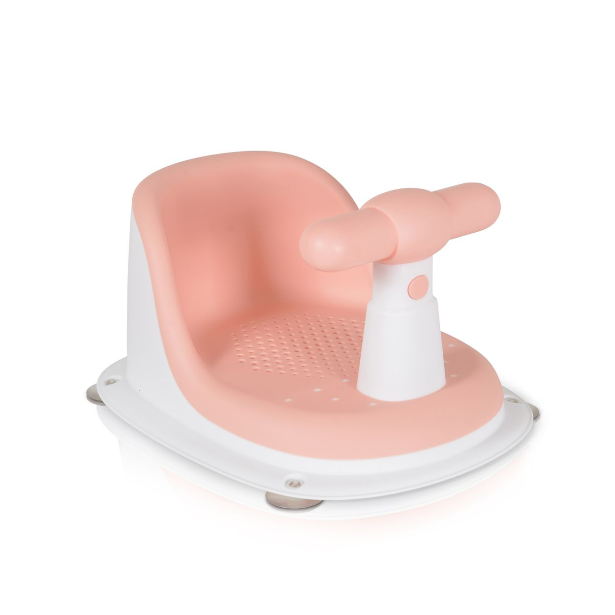 Ein rosafarbener und weißer Babysitz mit Drehfunktion und Saugnäpfen.