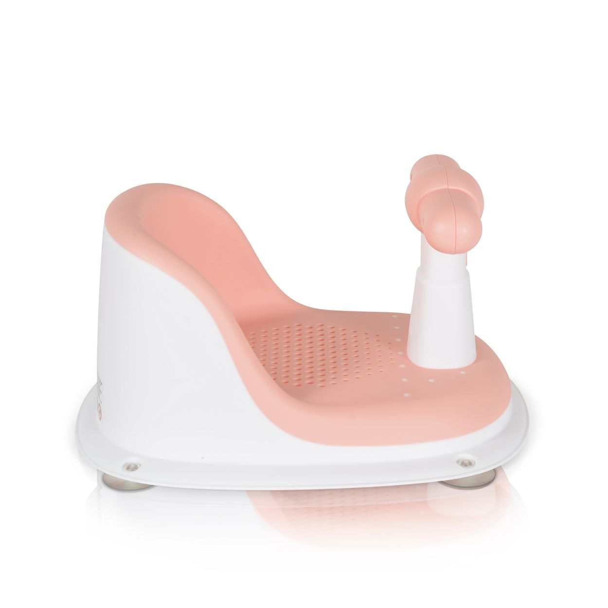 Ein rosa und weißer Kindersitz für die Badewanne mit Saugnäpfen.