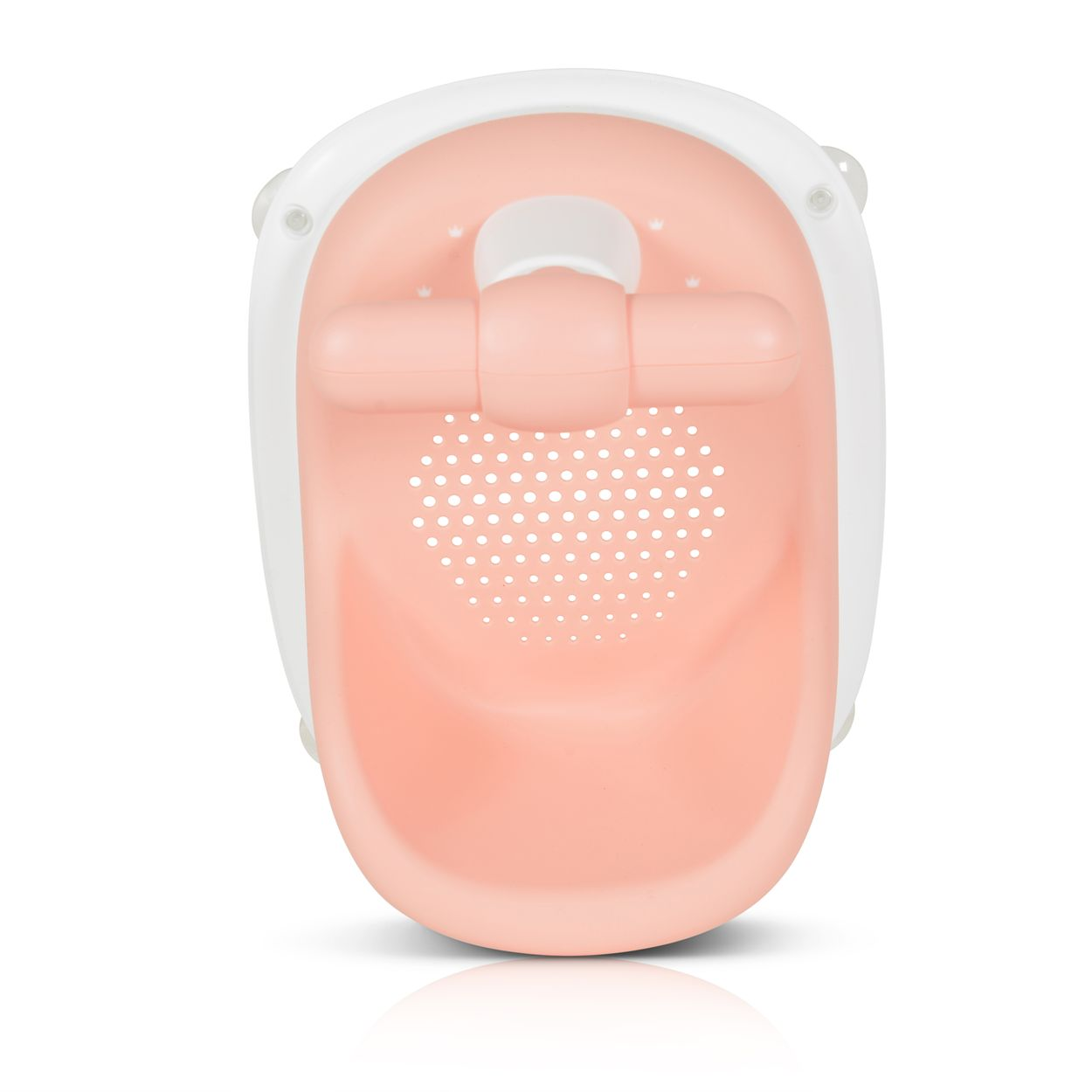 Ein rosa Babybadewanneneinsatz mit weißem Rand und Stütze.
