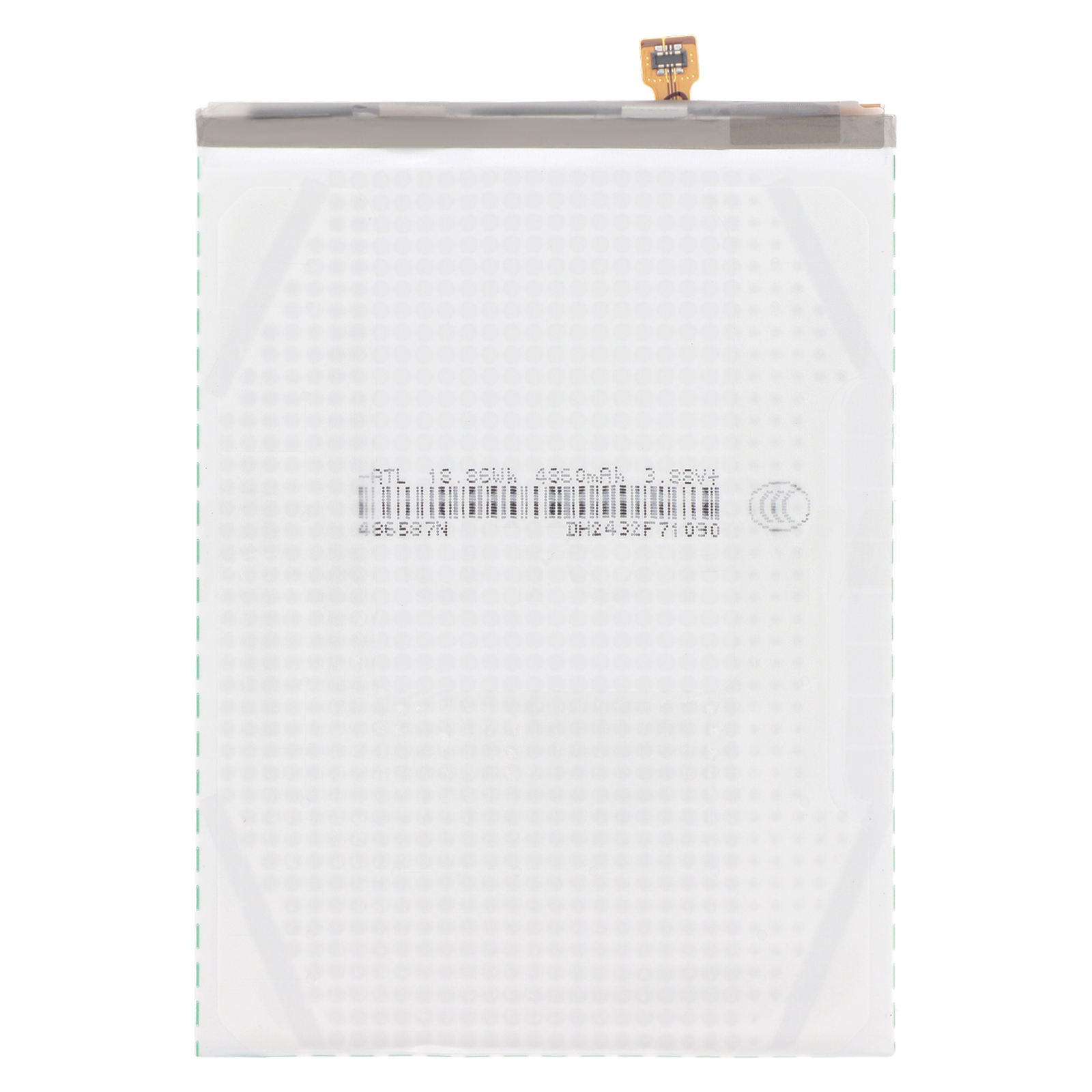 Une batterie blanche avec un câble plat et des informations imprimées.