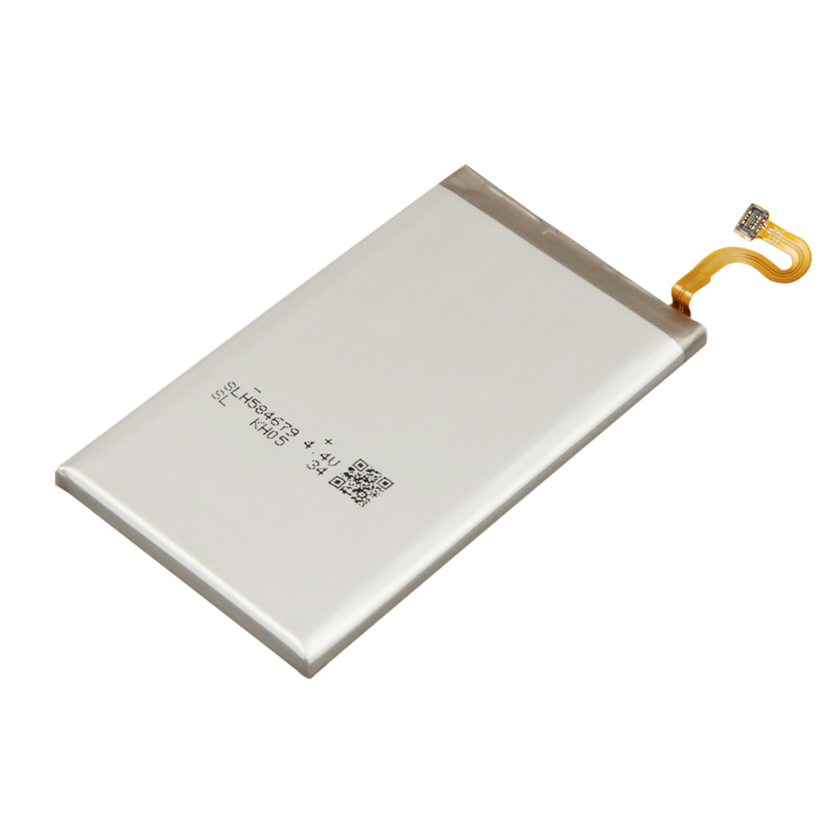 Una batteria bianca rettangolare per telefono con cavo flessibile e connettore.