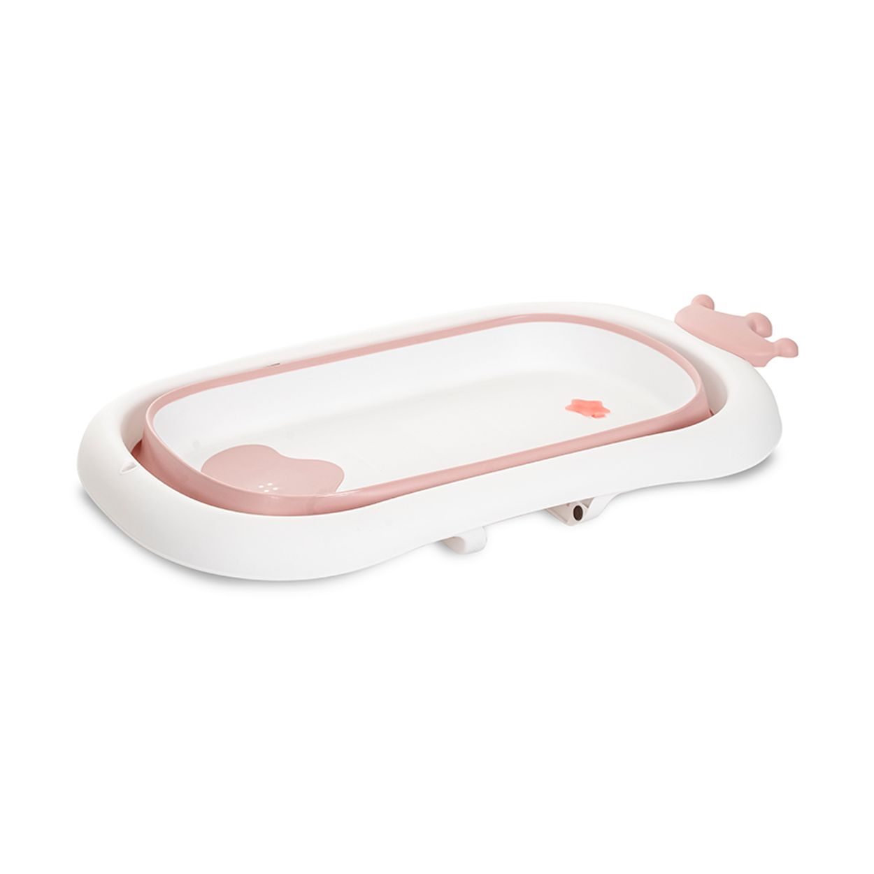 Eine weiße Babybadewanne mit rosa Rand und Griffen, auf weißem Hintergrund.