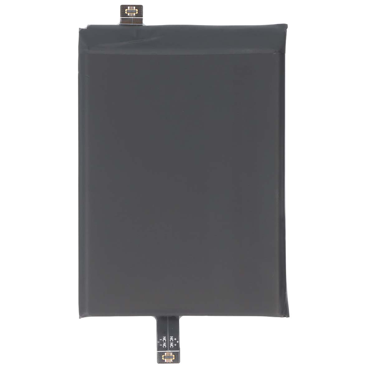 Una batteria piatta, rettangolare e nera con connettori in alto e in basso.