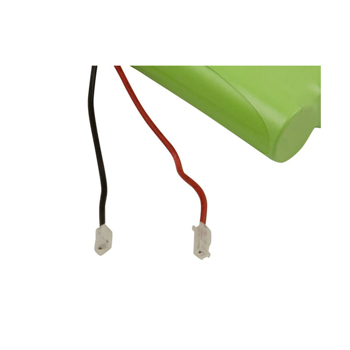 Batteria verde con fili e connettori neri e rossi.