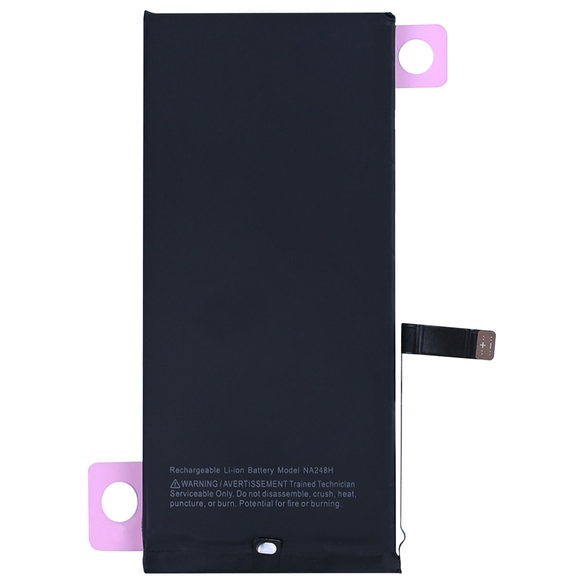 Batteria nera agli ioni di litio con linguette rosa e cavo piatto.