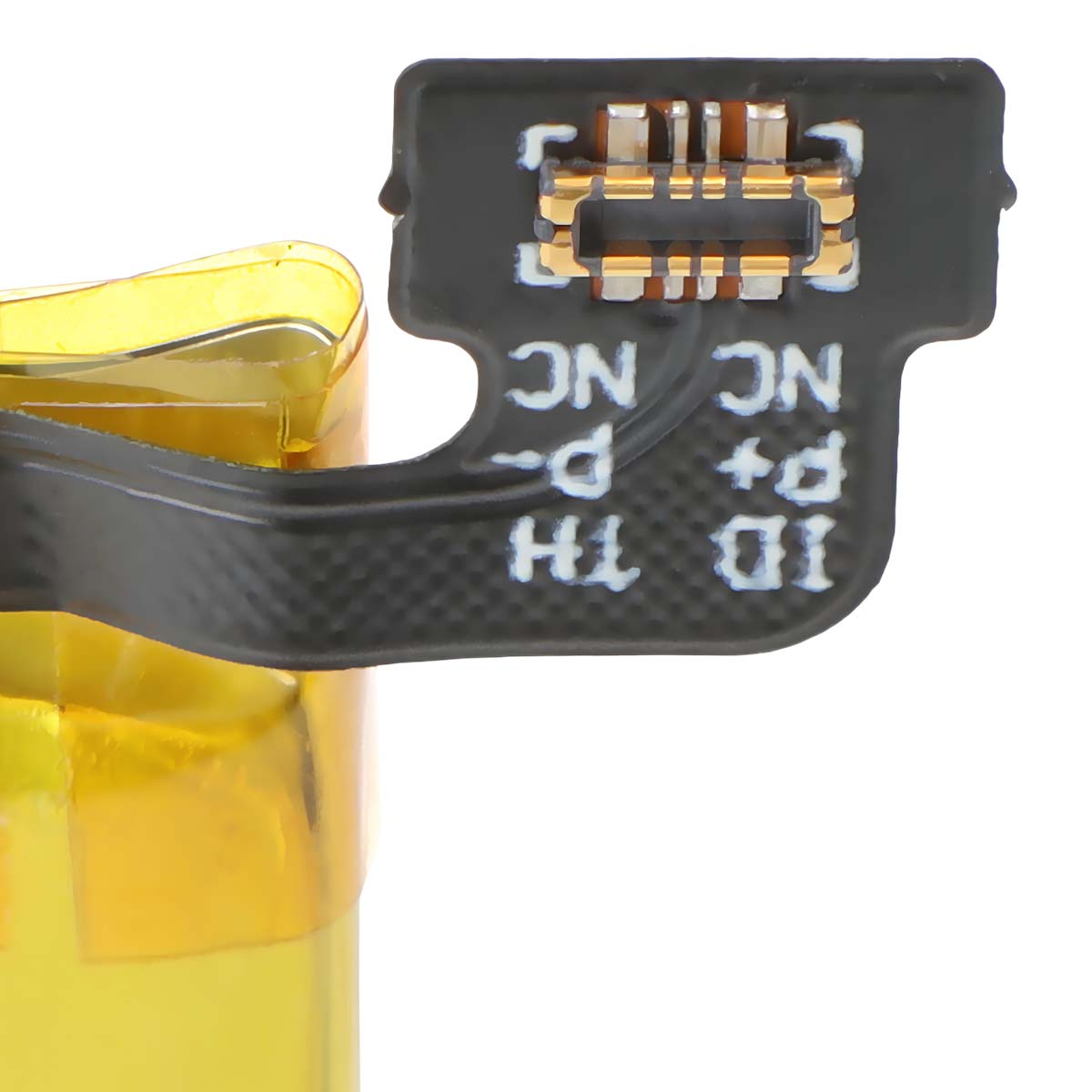 Parte di una batteria gialla con cavo flessibile nero ed etichette.