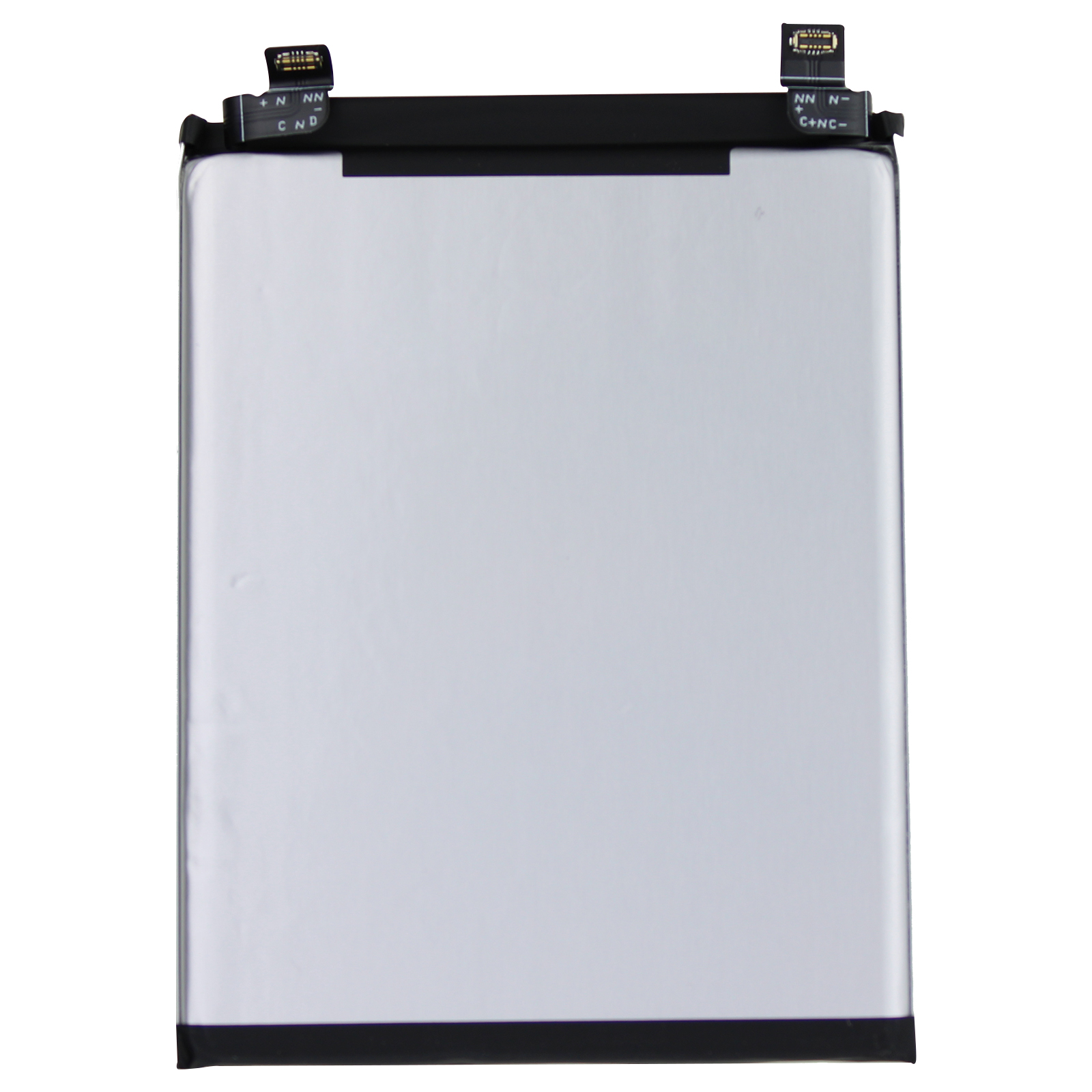 Batteria bianca rettangolare piatta con connettori ed etichette nere.