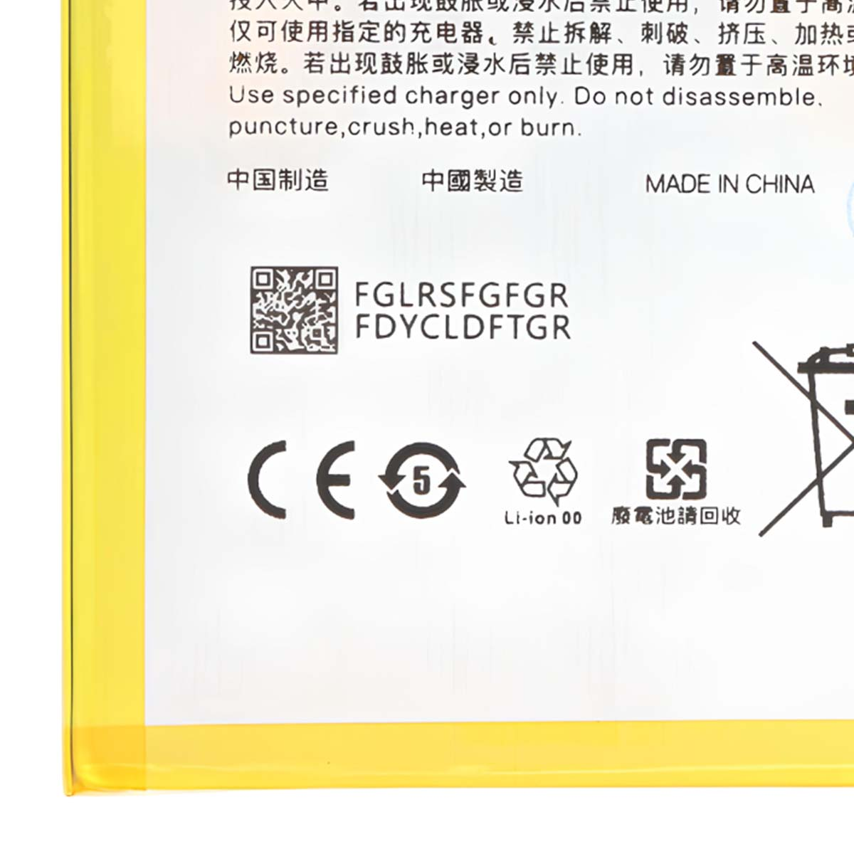 Testo con avvertenze, codice QR, marchio CE, simbolo Li-ion e simbolo di riciclo.