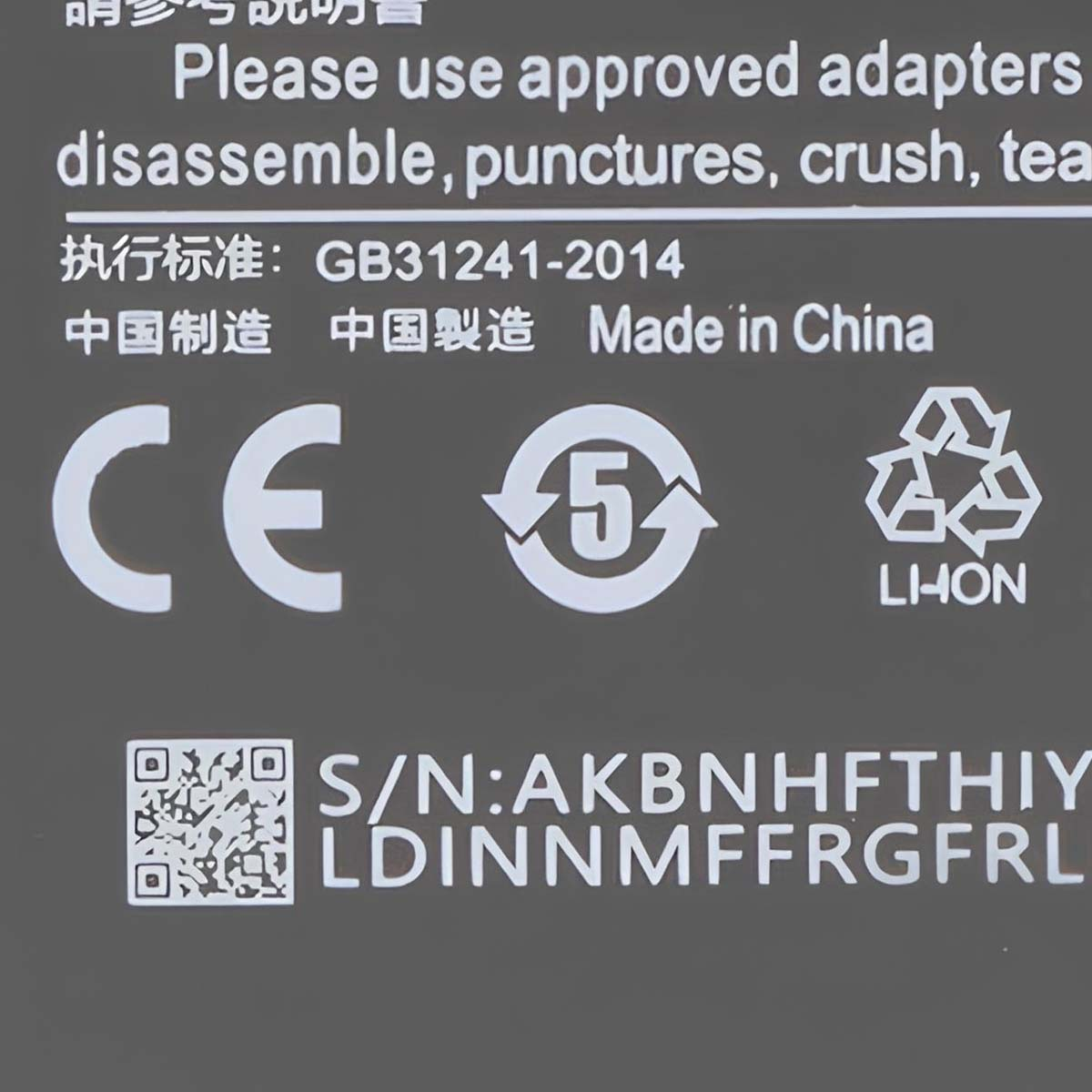 Avvertenze e simboli: CE, 5, Li-Ion, codice QR, numero di serie.