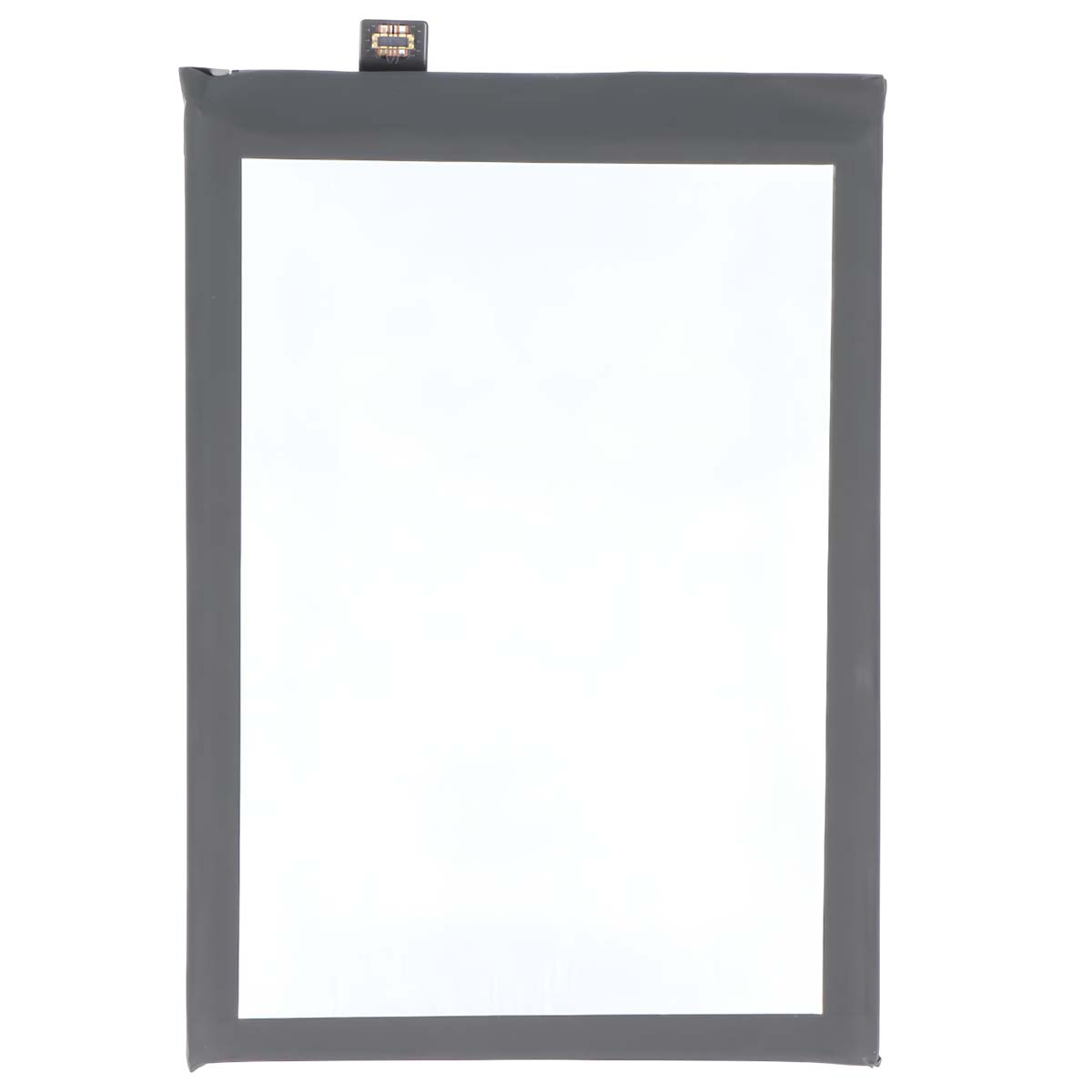 Una batteria rettangolare con bordo grigio e centro bianco.