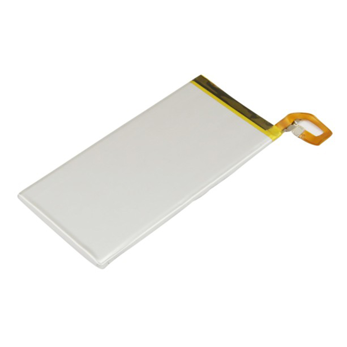 Una batteria al litio bianca con un connettore oro e giallo.