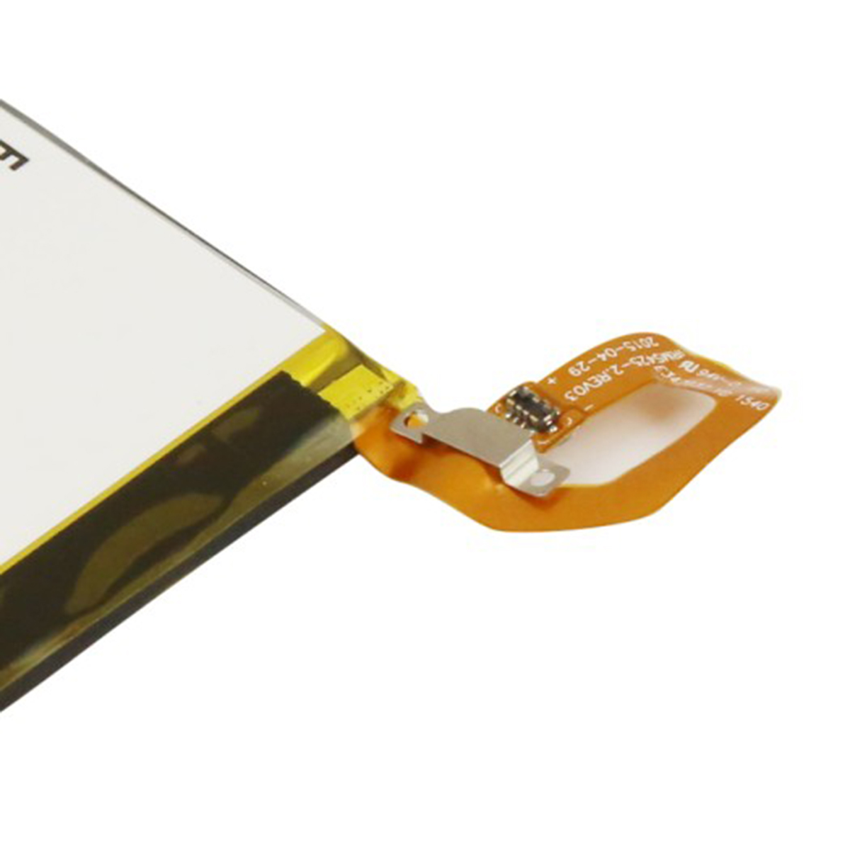 Particolare di una batteria per smartphone con circuito flessibile e connettori.