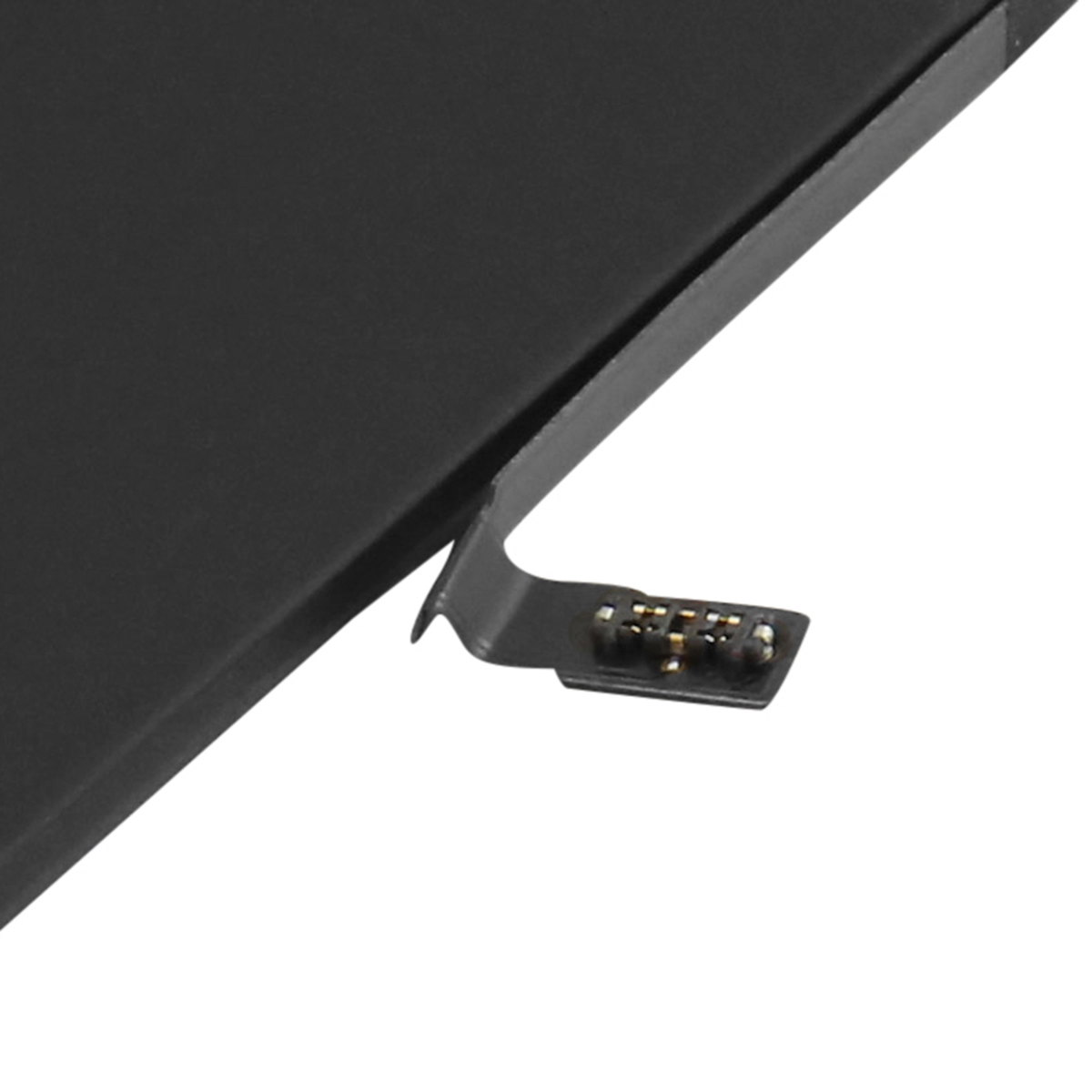 Batteria nera con cavi di collegamento flessibili e contatti dorati.