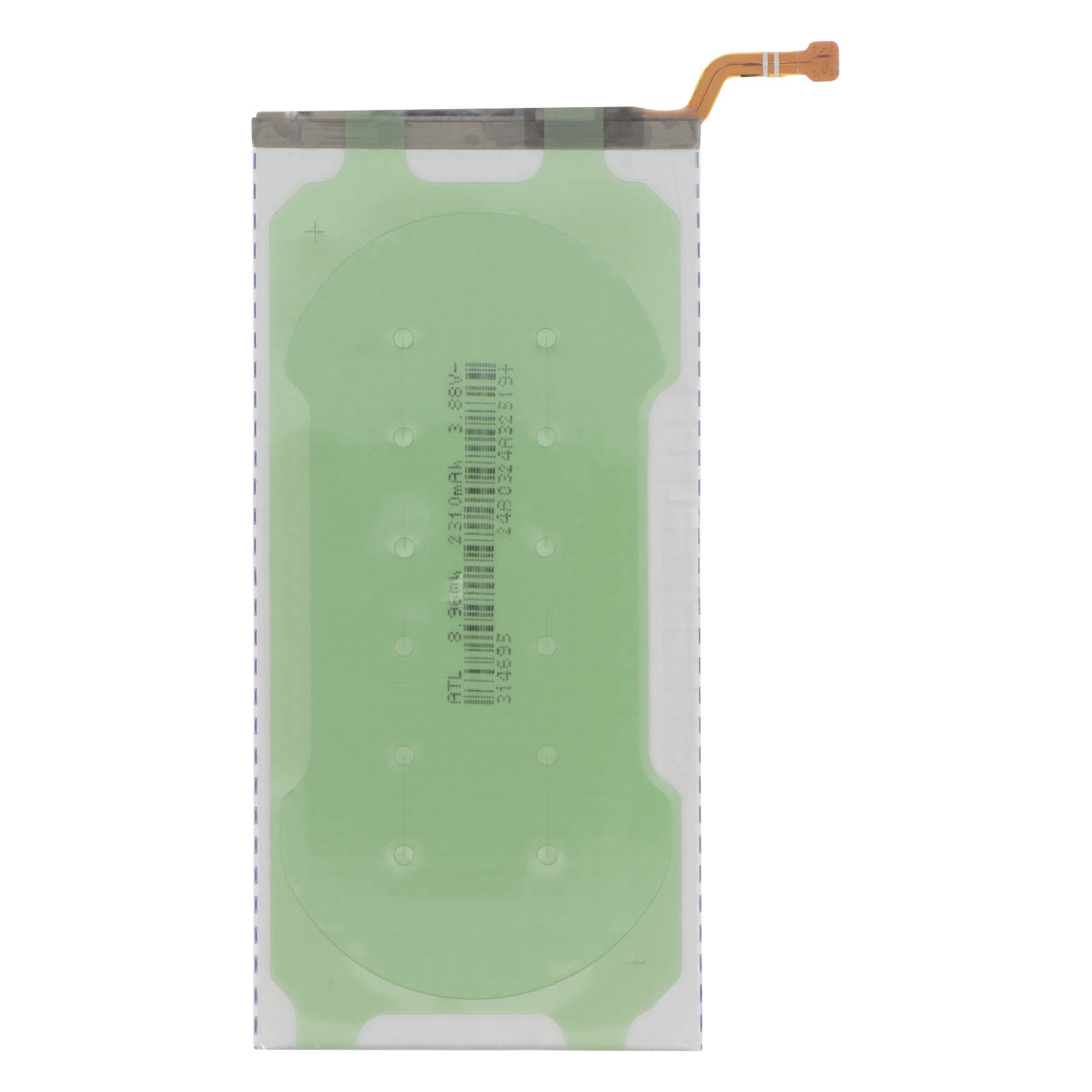 Una batteria rettangolare con stampa verde e connettore cavo flessibile.
