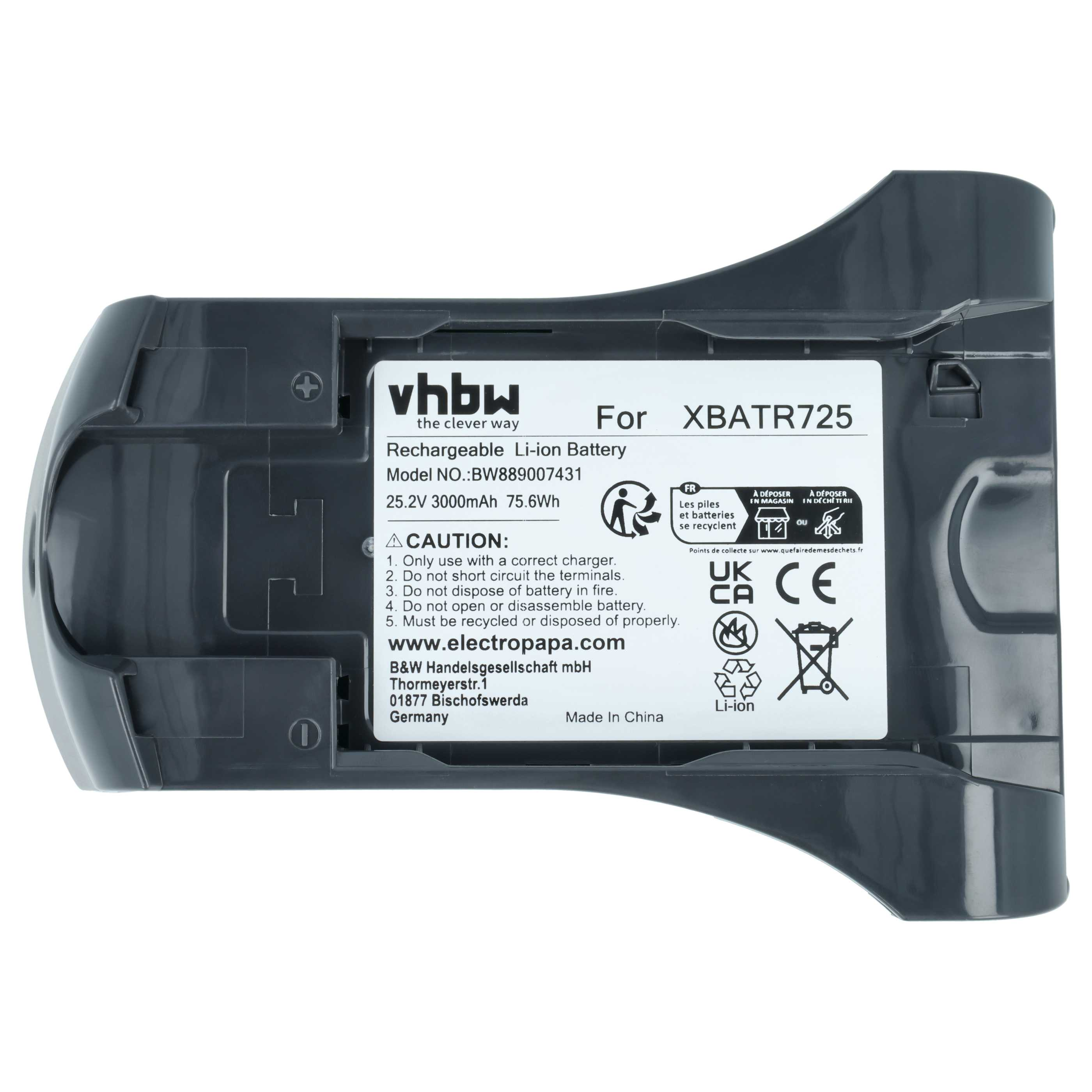 Grauer Li-Ion Akku für XBATR725 mit Warnhinweisen und Recycling-Symbolen.