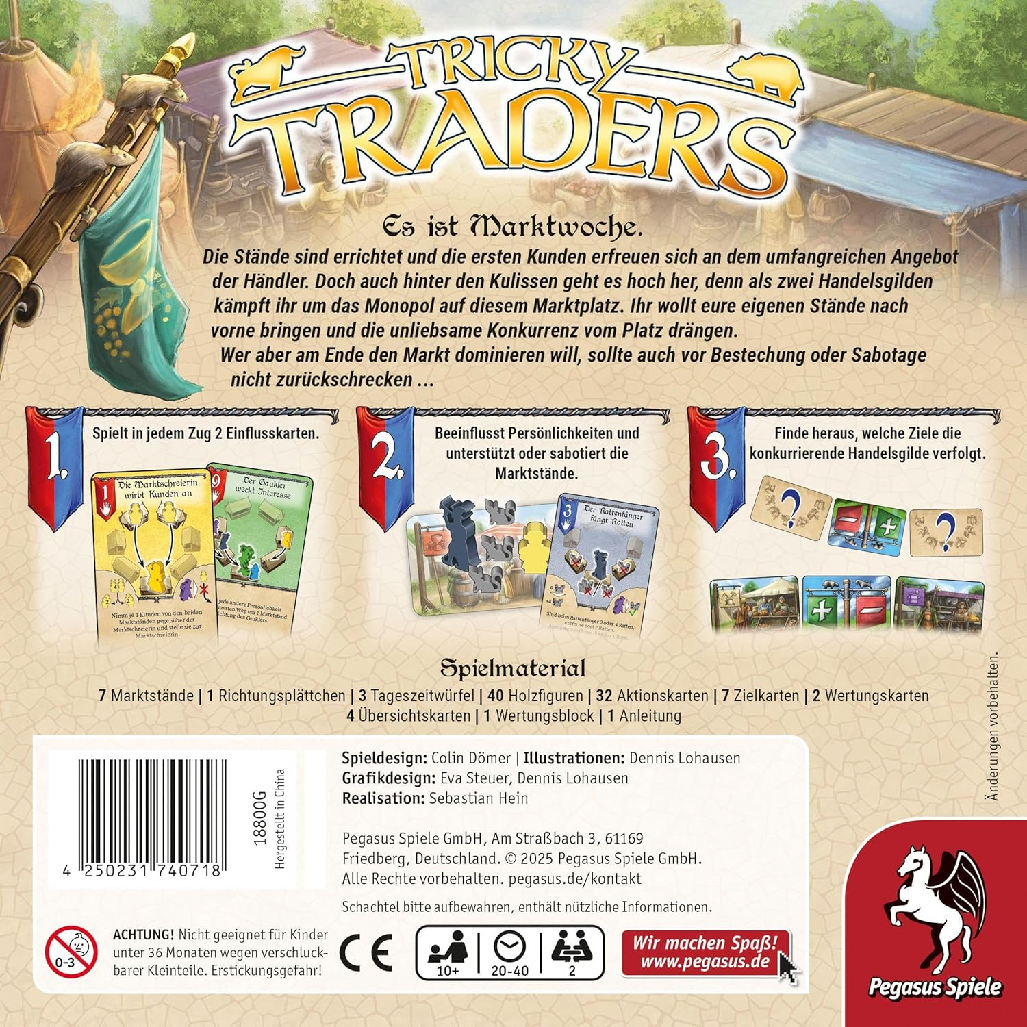 Gioco da tavolo "Tricky Traders": Tavoliere con bancarelle, carte e figure.