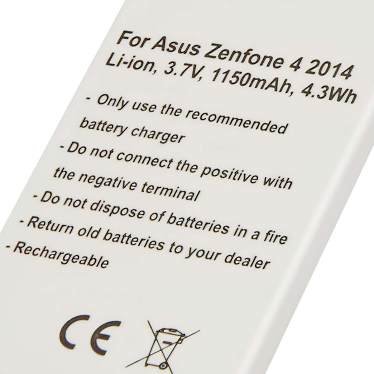 Batería para Asus Zenfone 4: Li-ion, 3.7V, 1150mAh. Advertencias listadas.