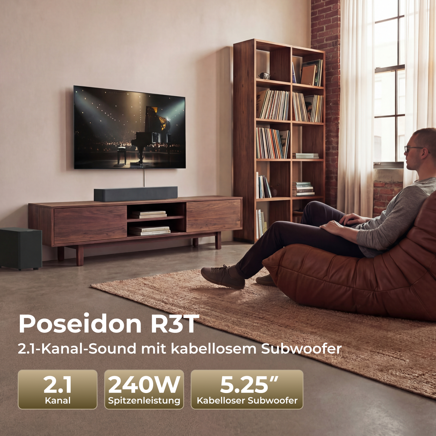 Hombre sentado en sillón marrón viendo TV con barra de sonido, estantería.
