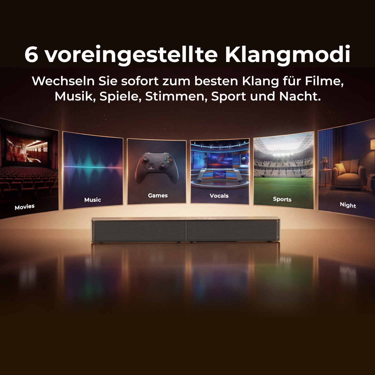 Soundbar mit 6 Modi: Kino, Musik, Spiele, Gesang, Sport, Nacht.