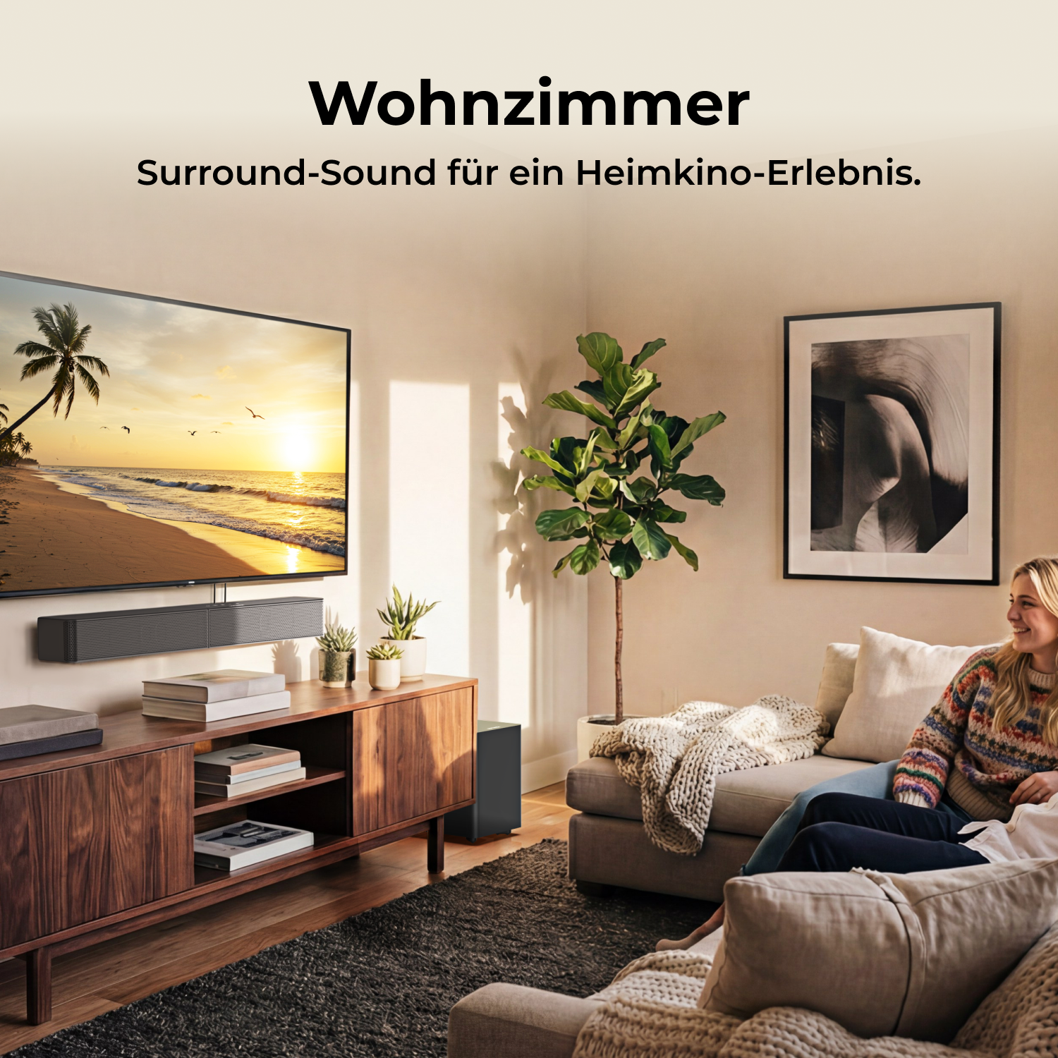 Sala con TV, sofá y plantas. Una pareja ve la televisión.