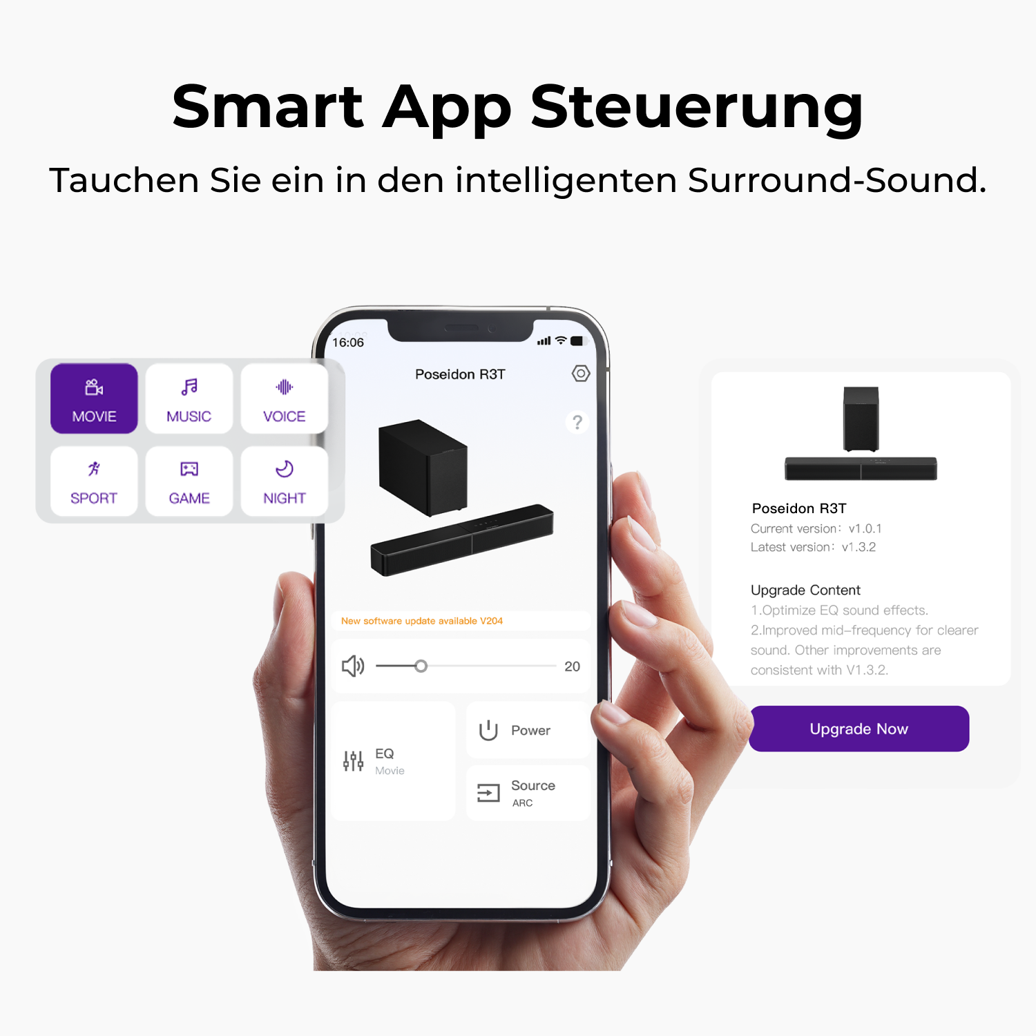 Un smartphone muestra la app para controlar una barra de sonido con opciones como Película, Música, Voz.