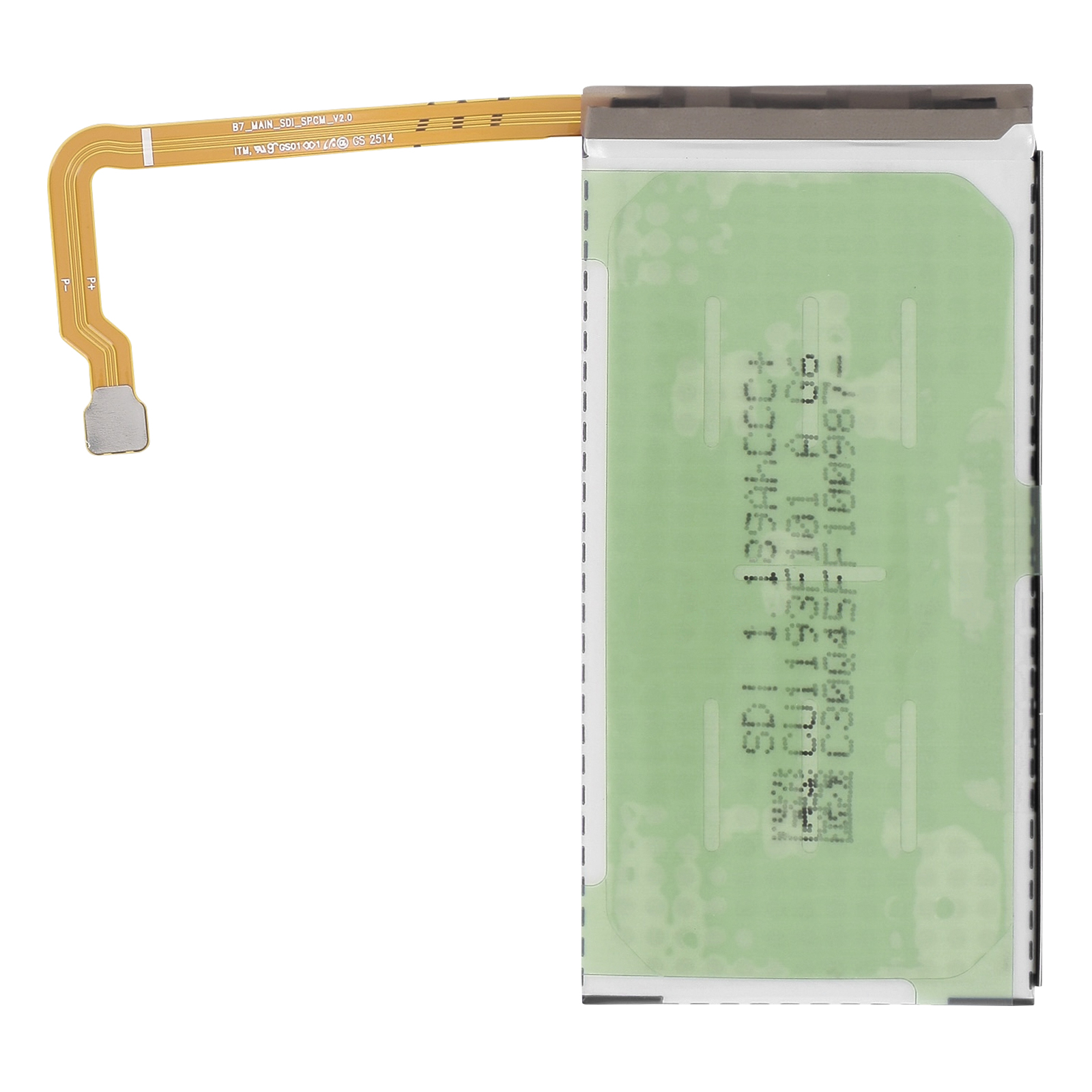 Un cavo piatto flessibile con connettore metallico e batteria verde.