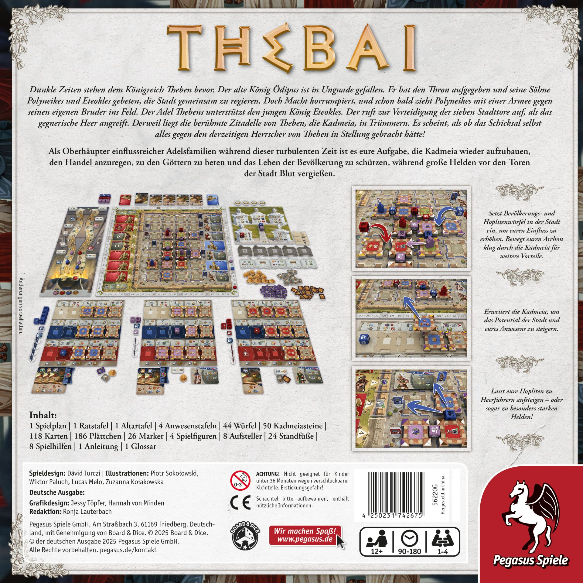 Brettspiel "Thebai" mit Spielplan, Karten, Würfeln und Figuren. Text erklärt die Spielregeln.