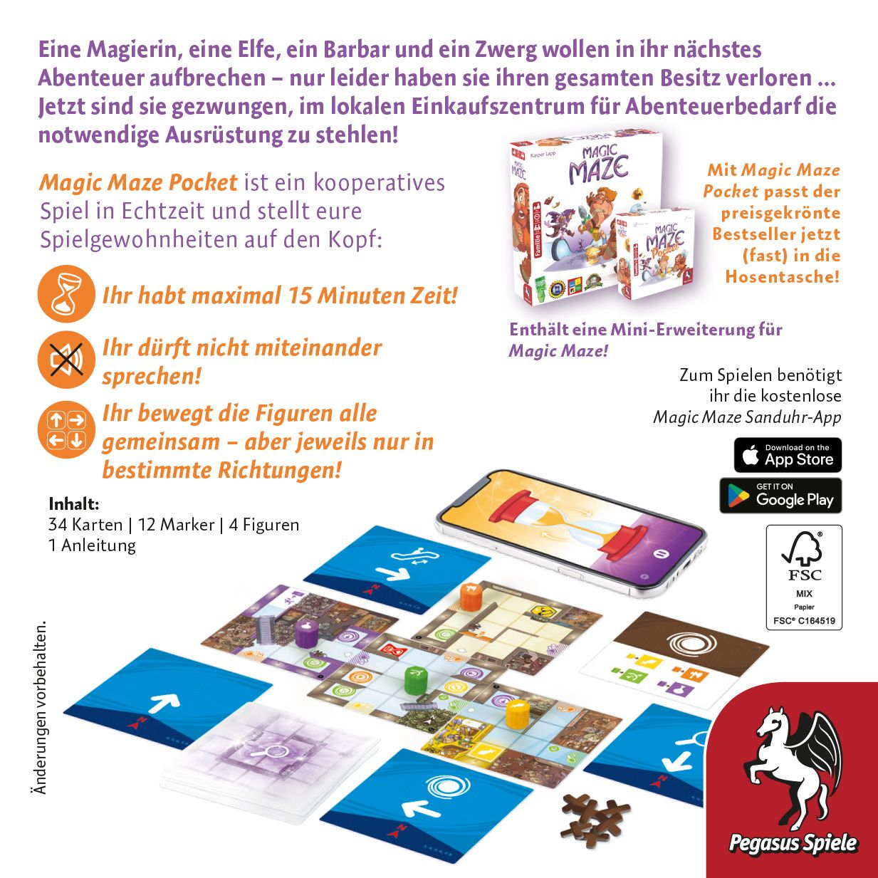 Brettspiel Magic Maze Pocket mit Spielbrett, Figuren, Karten und Handy-App.