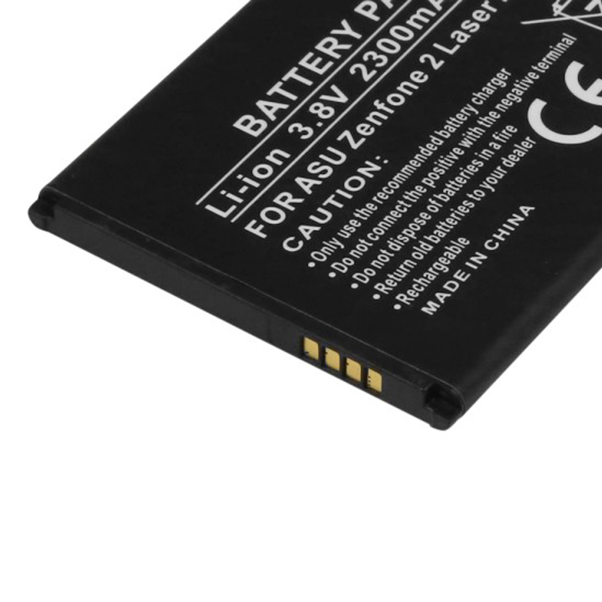 Batería negra Li-ion para Asus Zenfone 2 Laser, 3,8V 2300mAh, con advertencias.