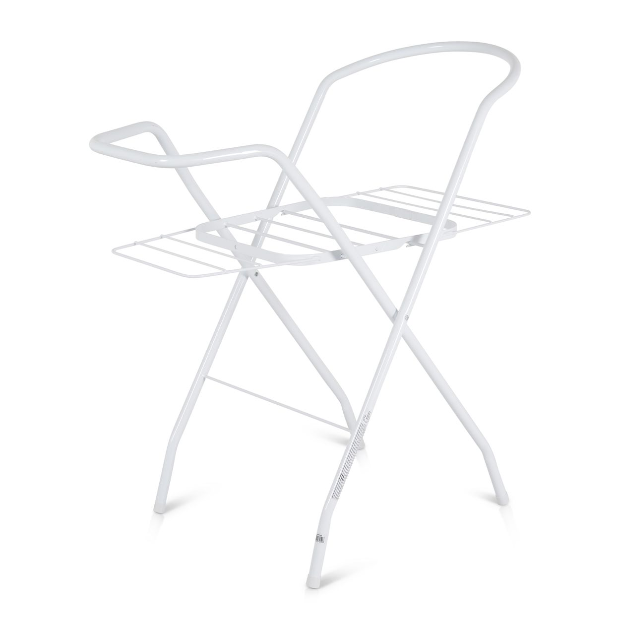 Ein weißer, zusammenklappbarer Wäscheständer mit abgerundeten Griffen.