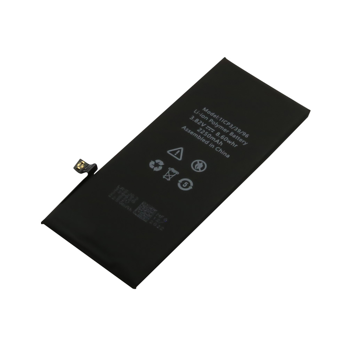 Batteria nera Li-ion con dettagli modello, voltaggio, capacità e origine.