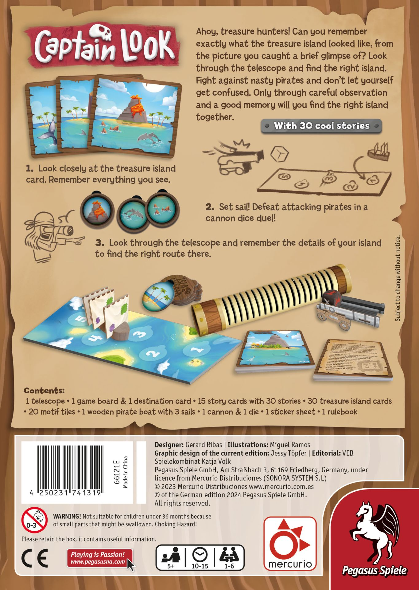 Brettspiel-Cover mit Piraten-Thema, Spielanleitung und Inhaltsübersicht.