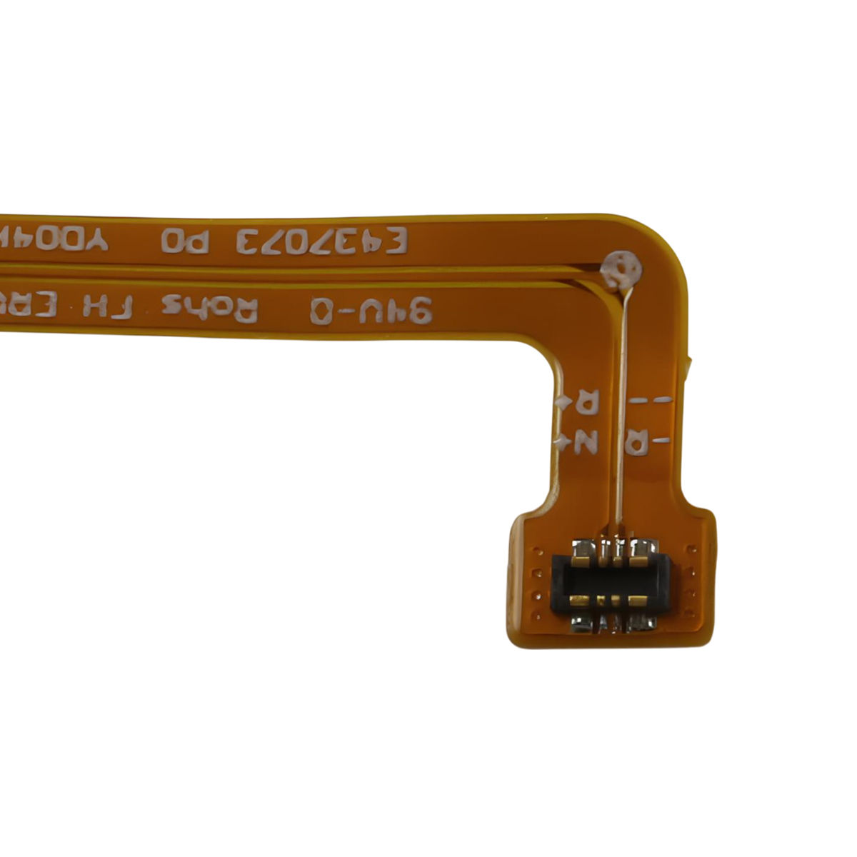 Ein orangefarbenes Flexkabel mit schwarzen Anschlüssen und Beschriftungen.