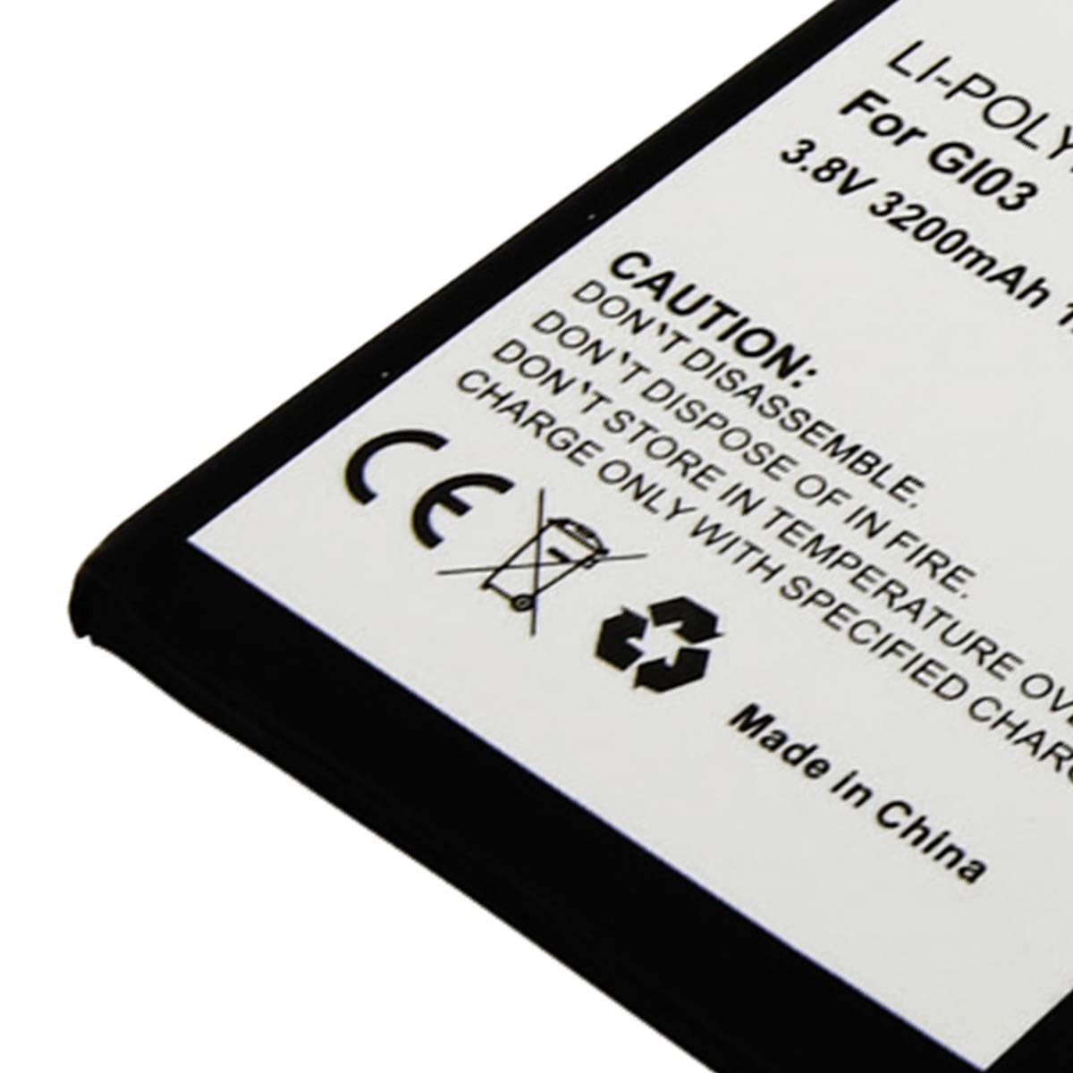 Primo piano di una batteria Li-Poly con simboli di avvertenza e marcatura CE.
